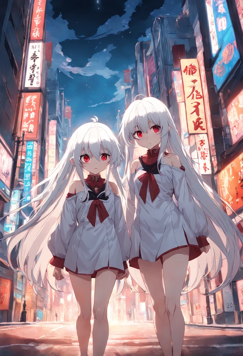 Two girls,long white hair,Red eyes,bare full body