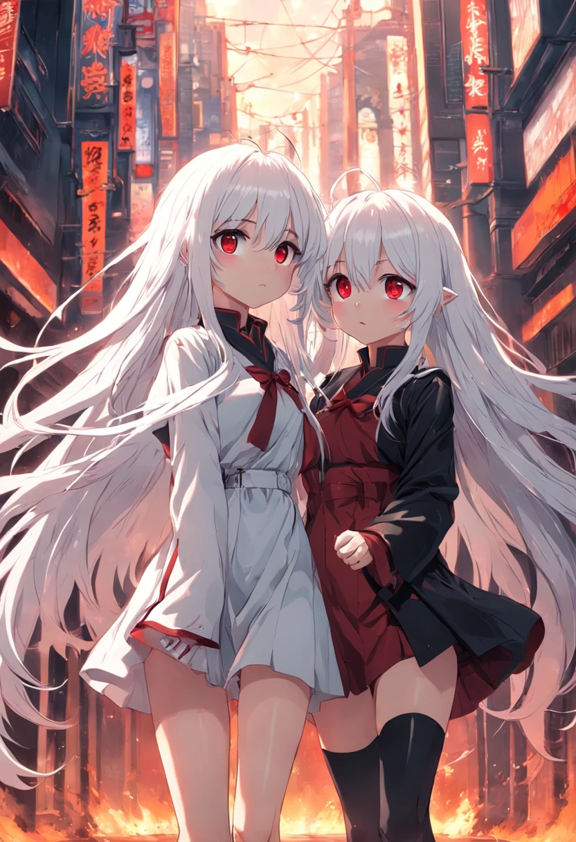 Two girls，long  white hair，Red eyes，bare full body
