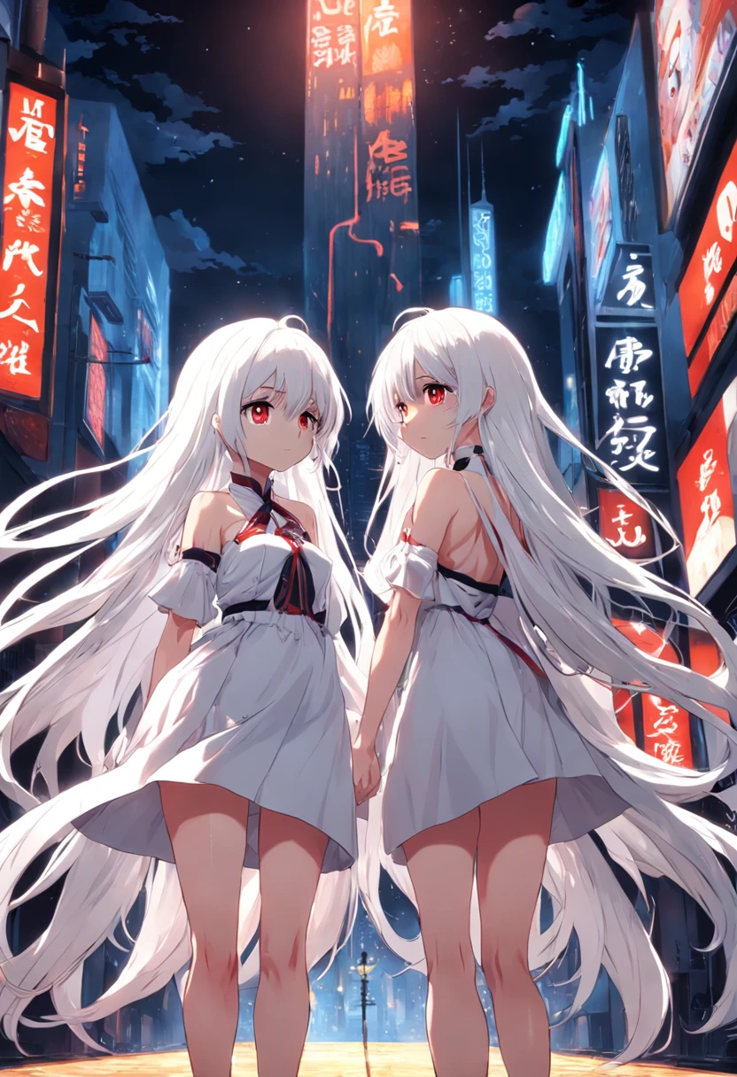Two girls,long white hair,Red eyes,bare full body