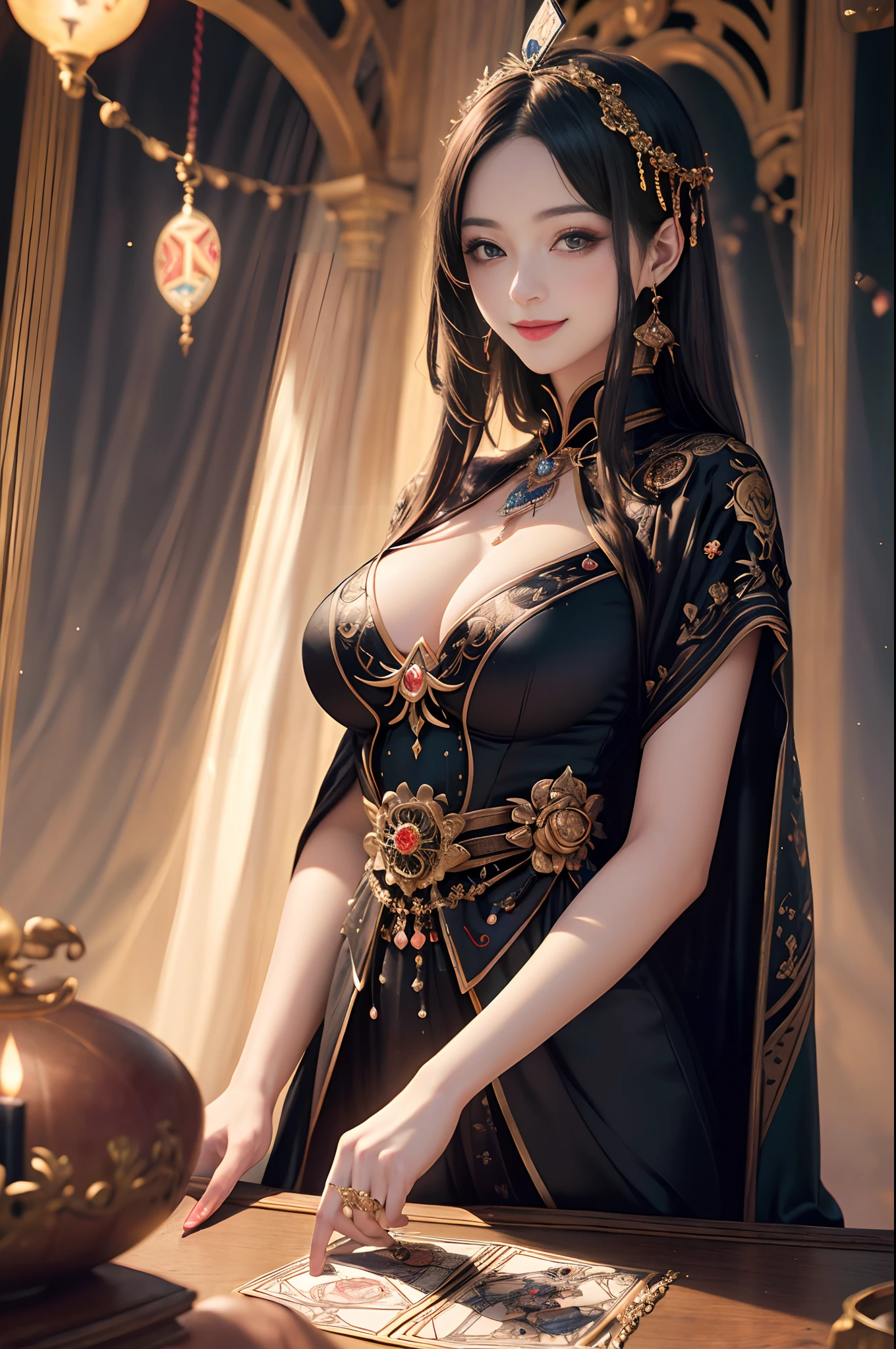 (masutepiece, High resolution, Photorealistic: 1.4),1beautiful woman ,(Mysterious and magical attractive tarot reader woman, Smiling, In a beautiful room full of tarot-themed objects:1.3). She is looking at the tarot cards on the table. (Sony Alpha a7R IV Camera、Professionally accustomed to capturing this enchanting moment: 1.2), (Combination with the versatile Sony FE 24-70mm f/2.8 GM Lenses, Make sure all details are beautifully captured: 1.2) Magical (Breathtaking photos of enchanting beauty showing her stunning beauty: 1.2), Intricately detailed bio incandescent light background