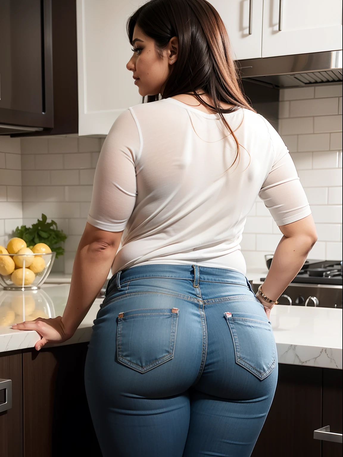 Beautiful cute thicc Egyptian arabian mom in modern kitchen. .from behind