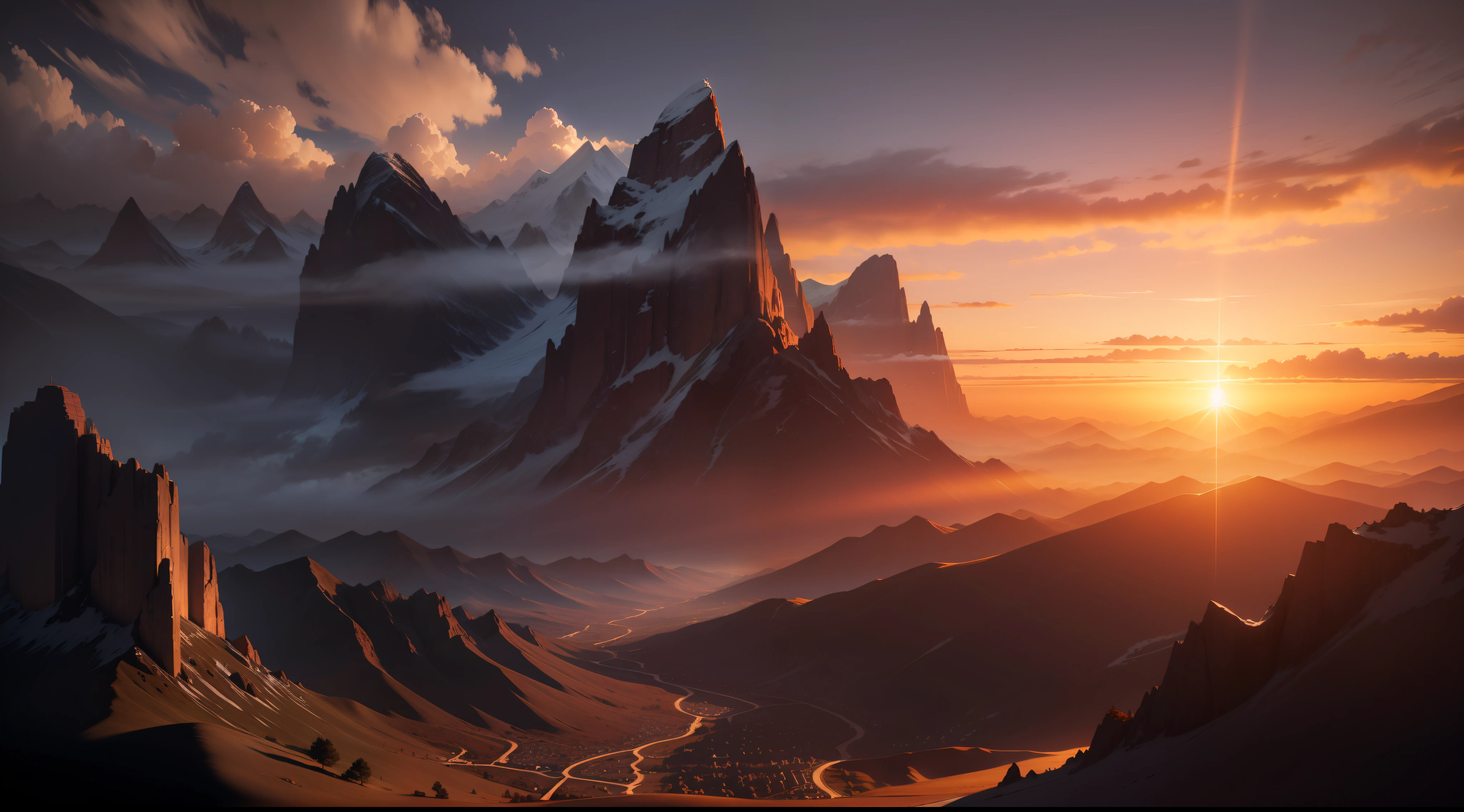 Sunset, mountains, Realism, Hyperrealism, cinematic lighting, backlighting, Canon, panorama, UHD, super detail, high details, 16k