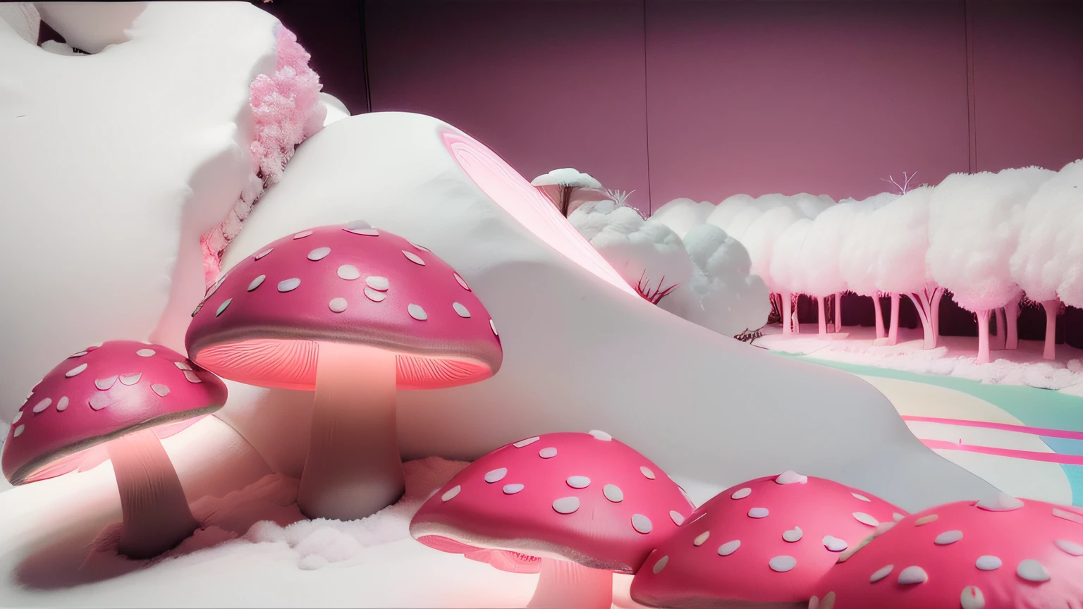 cotton trees model. Neon dark pink mushroom. maquete. Neon Mushroom. Neve branca. maquete. neon light. cotton. maquete. dark pink mushroom. cotton trees