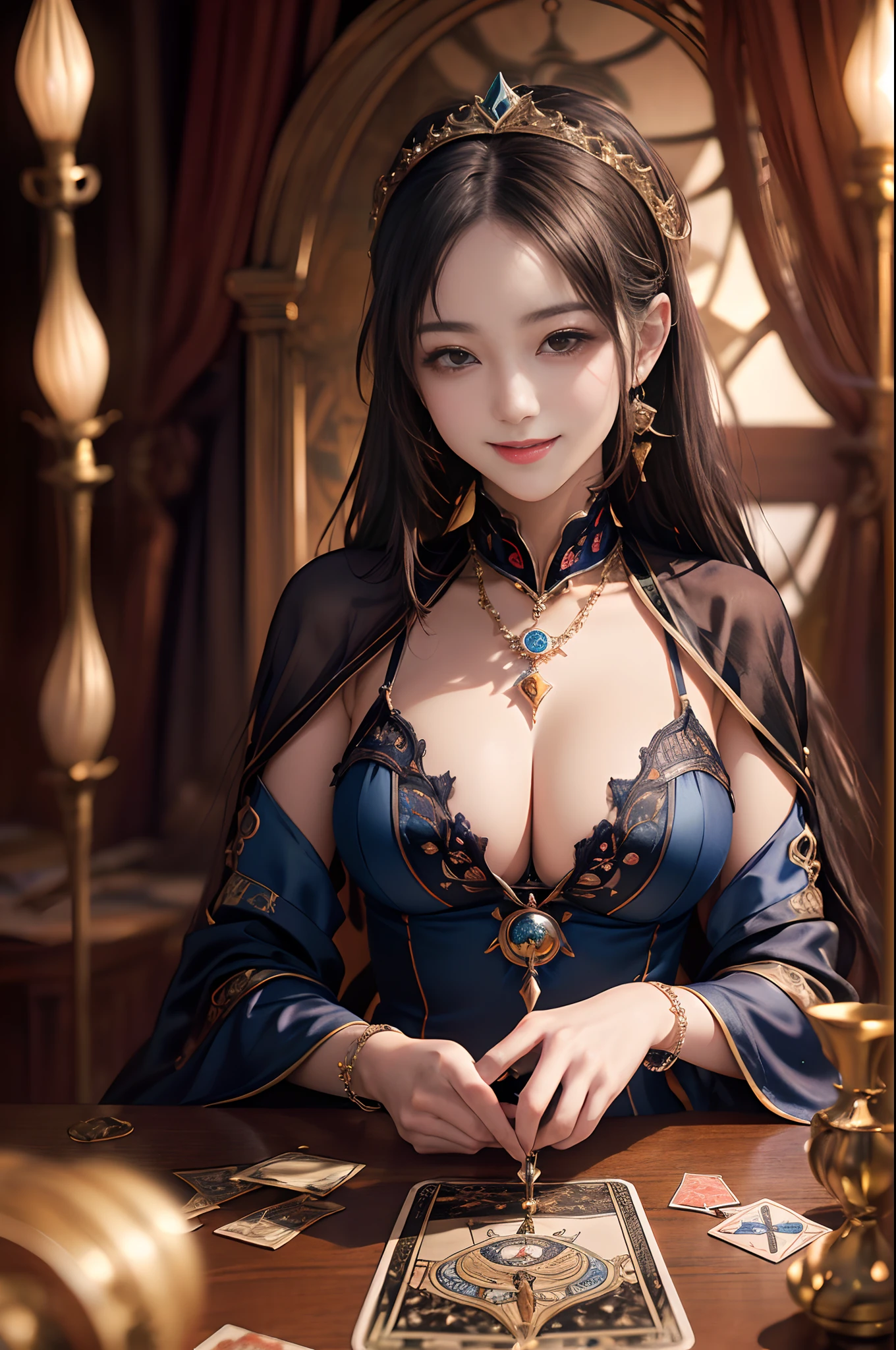 (masutepiece, High resolution, Photorealistic: 1.4),1beautiful woman ,(Mysterious and magical attractive tarot reader woman, Smiling, In a beautiful room full of tarot-themed objects:1.3). She is looking at the tarot cards on the table. (Sony Alpha a7R IV Camera、Professionally accustomed to capturing this enchanting moment: 1.2), (Combination with the versatile Sony FE 24-70mm f/2.8 GM Lenses, Make sure all details are beautifully captured: 1.2) Magical (Breathtaking photos of enchanting beauty showing her stunning beauty: 1.2), Intricately detailed bio incandescent light background