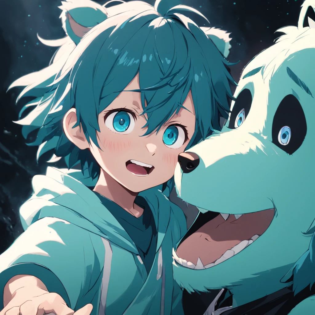 tmasterpiece,best qualtiy,cinematic Film still from,Cute bear orcs,Boy,Hair color:Light cyan and white,Pupil color:cyan colors,shaggy,adolable,rays of sunshine,ssmile,Black and white clothes,Chubby,Boy