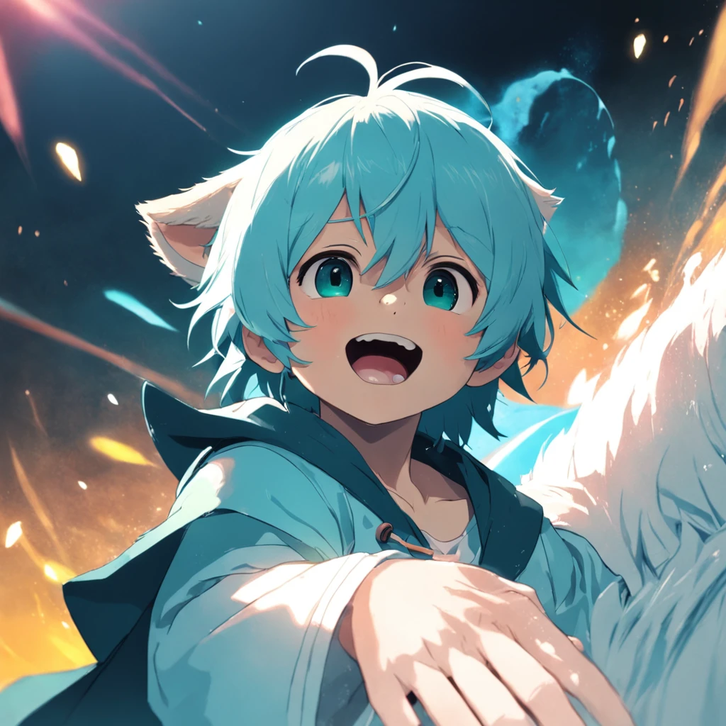 tmasterpiece,best qualtiy,cinematic Film still from,Cute bear orcs,Boy,Hair color:Light cyan and white,Pupil color:cyan colors,shaggy,adolable,rays of sunshine,ssmile,Black and white clothes,Chubby,Boy