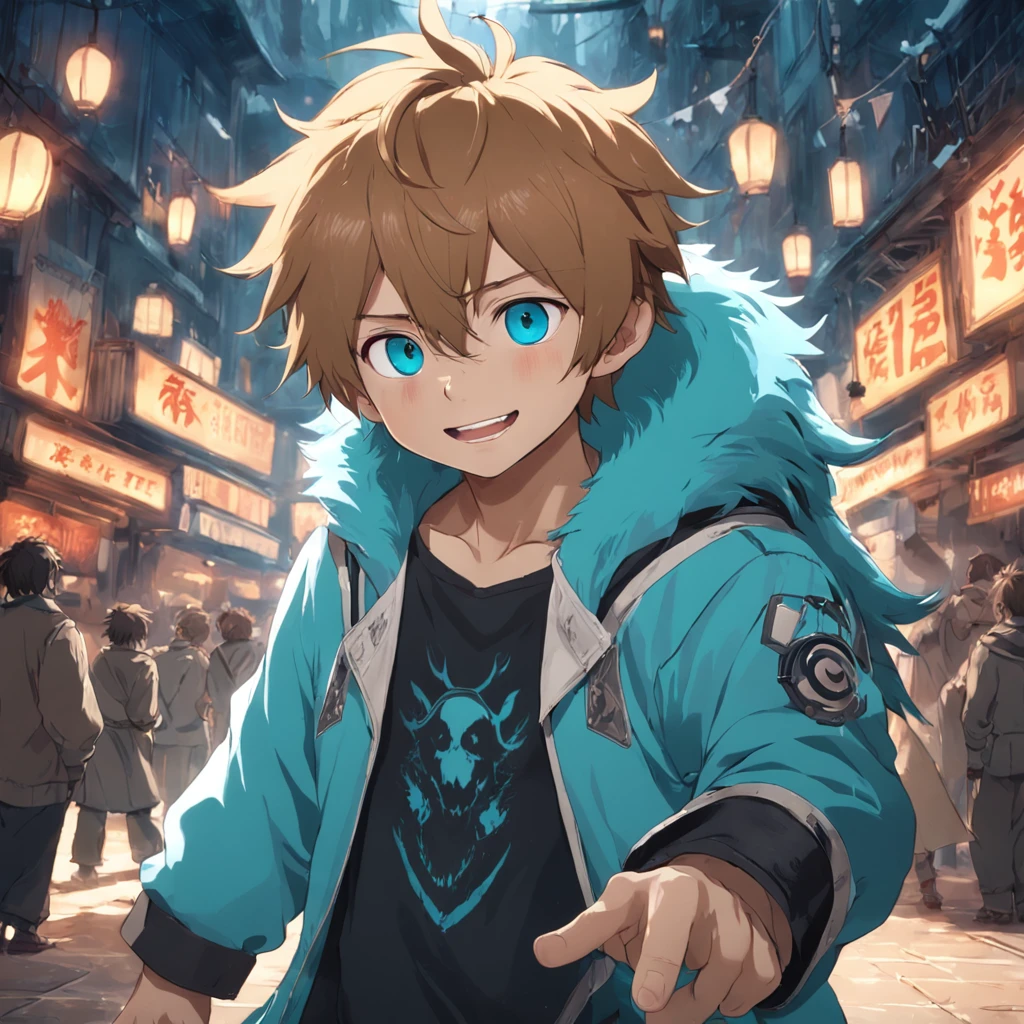 tmasterpiece，best qualtiy，cinematic Film still from，Cute bear orcs，Boy，Hair color：Light cyan and white，Pupil color：cyan colors，shaggy，adolable，rays of sunshine，ssmile，Black and white clothes，Chubby，Boy