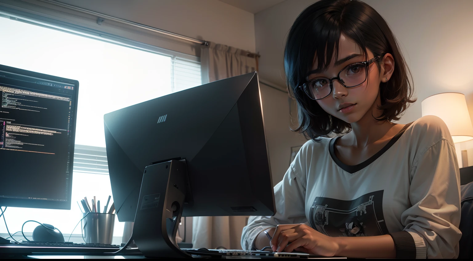1girl, beautiful girl, wearing eyeglasses, brown skin, small mole on her left cheek, Body Length 150 cm, 20 years old, brown skin girl, .(short black hair, Korean hairstyle) , (black eyes), realistic eyes, beautiful and big eyes), masculine clothing, Boys clothes, Wearing sneakers, Small breasts, ((Girl sitting at her computer in her room)), ((programmer girl programming her computer)), (8k wallpaper), (The bedroom has a computer, Semi-dark room, with colorful lighting,neon lights wallpaper) 8k, high quilty, realistic, beautiful realistic, Cool details, raw photo, realistic clothing, short hair, black hair, realistic hair, Light and cool lighting, photo realistic, Cel shaded, Gel lighting, ultra details, computer realistic, dark room, looking at viewer