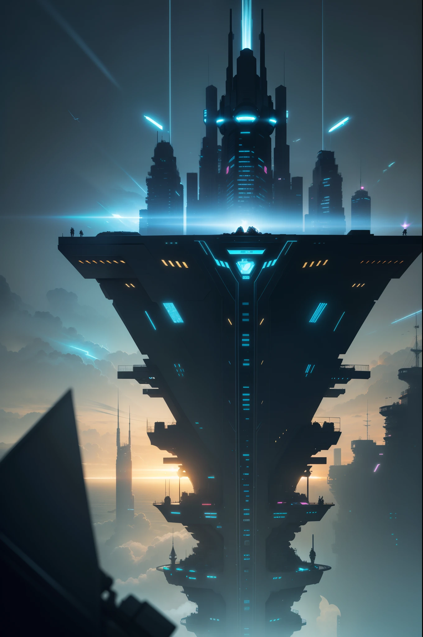 A city suspended above the ocean in the sky,Suspended islands,cyber punk style,Neon lights,Many mechs fly around,城市,fanciful,Macro picture,extremy detailed,realistic raytraicing,Epic composition,(Complicated details),(Complex design,hyper-detailing:1.2),art stations, (tmasterpiece,best qualtiy),hyper HD,32k --v 6