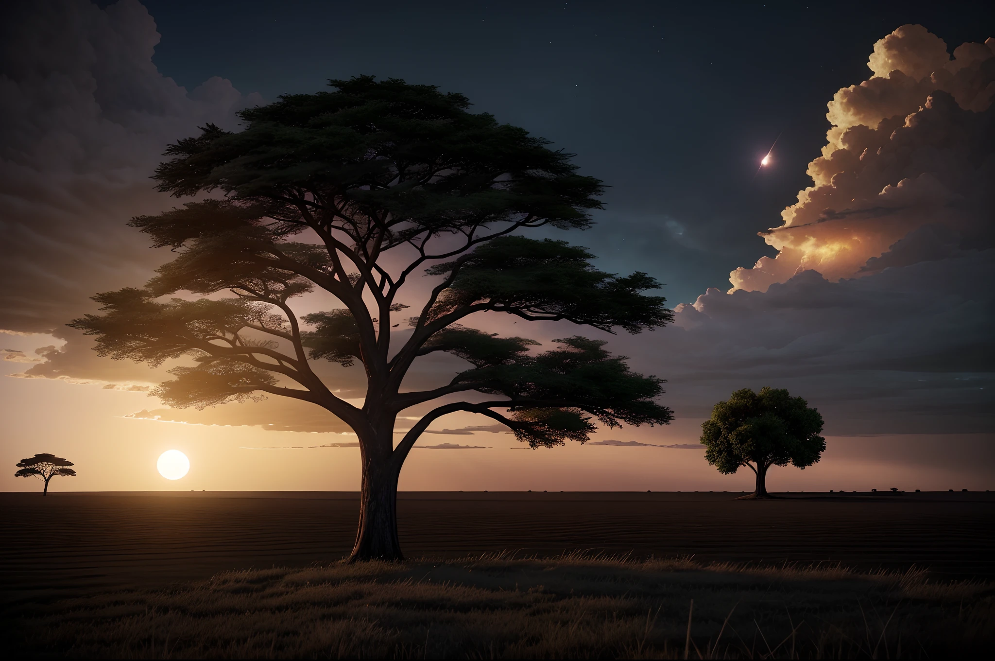 A breathtaking hyper realistic 8K sunset scene featuring a solitary tree in the foreground, inspired by African mythology and the mystical world of Erin Hunter. The sky is ablaze with the colors of a night storm, an enchanting eclipse casting an ethereal glow. Rendered with stunning detail using Octane render.