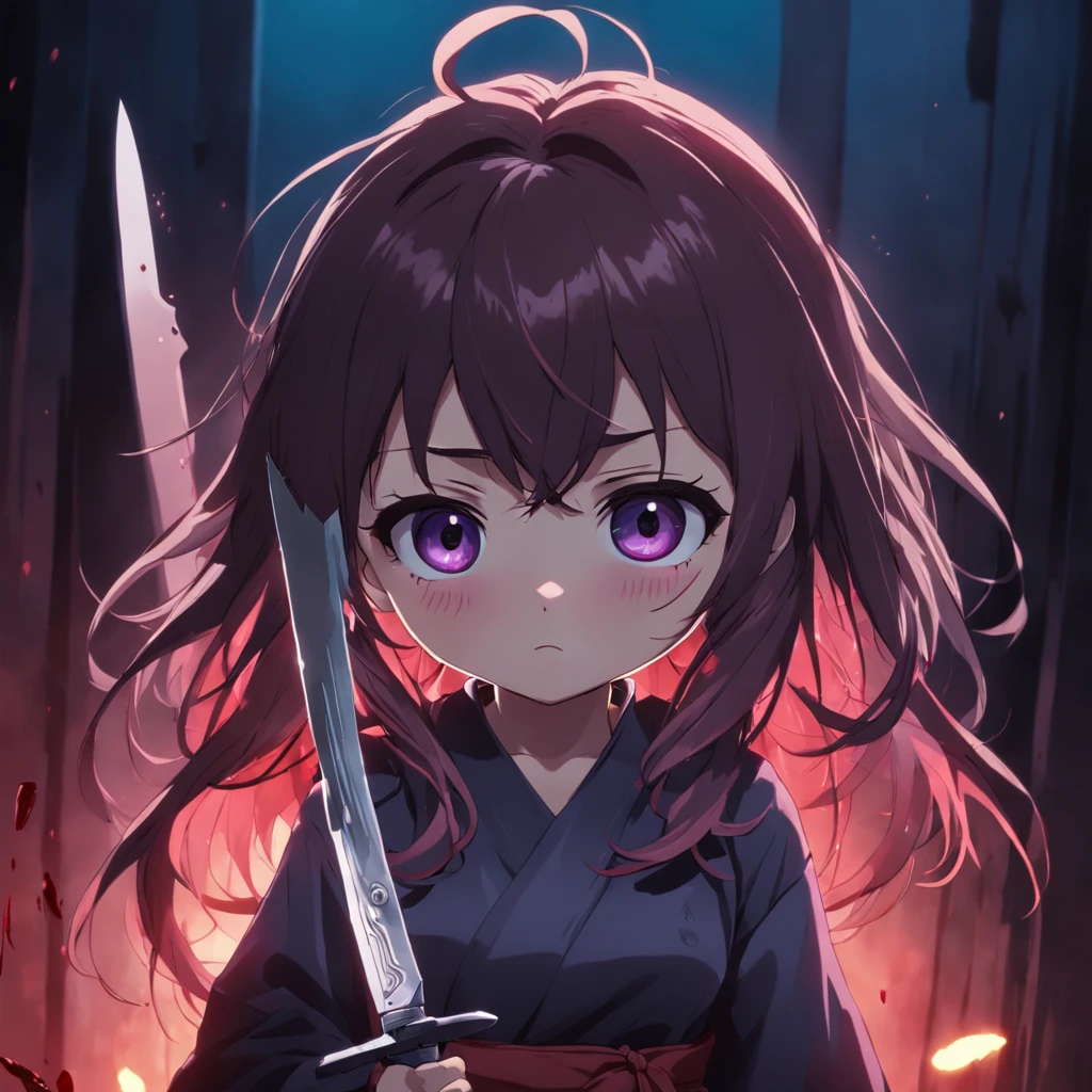 masterpiece, best quality, cartoon yet, 1doll with a bloody knife, close-up on knife, dark, sad, soft and cold lighting, twilight,