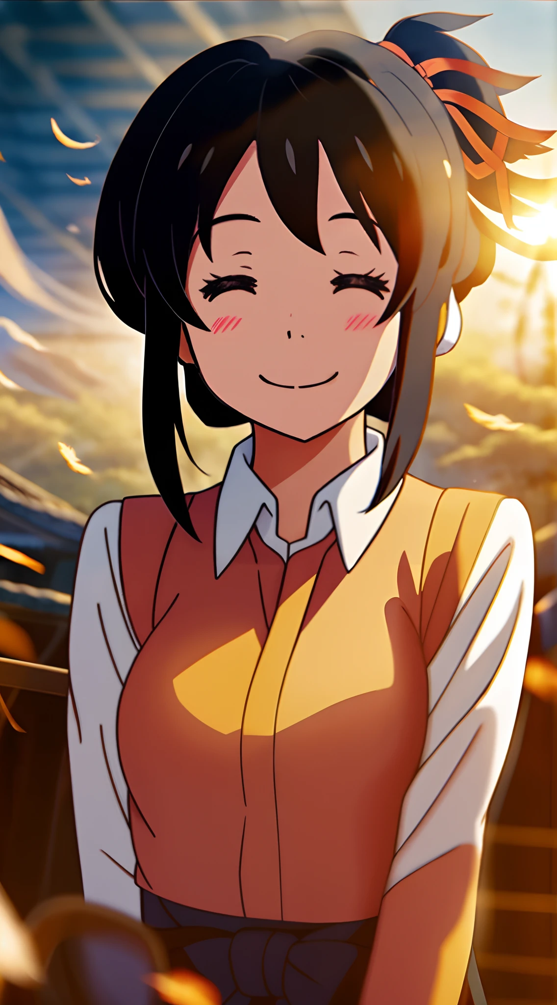 a girl, (mitsuha miyamizu), black hair, half body, uniform, upper body, smiling (Teeth visible:1.1), (wide open eyes:1.1), closed eyes, sun glare, bokeh, Hair ribbon, depth of field, blurry background, light particles, strong wind, (heart particles:1.1)