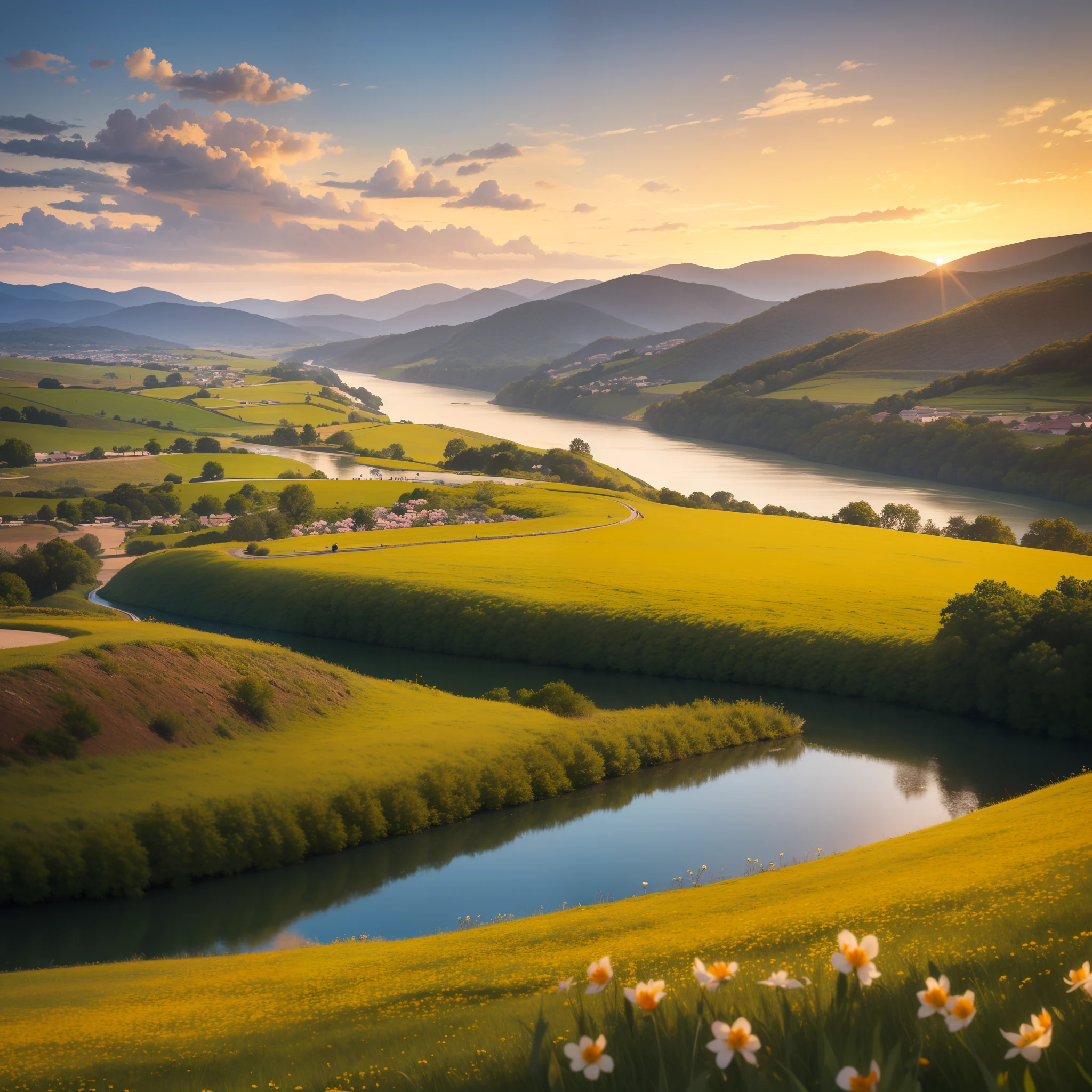 "a 4k high quality picturesque landscape where rolling hills meet a tranquil river, adorned with vibrant wildflowers. Above, the sky is painted with soft, cotton-like clouds that catch the warm hues of the setting sun, casting a gentle golden glow over the entire scene."