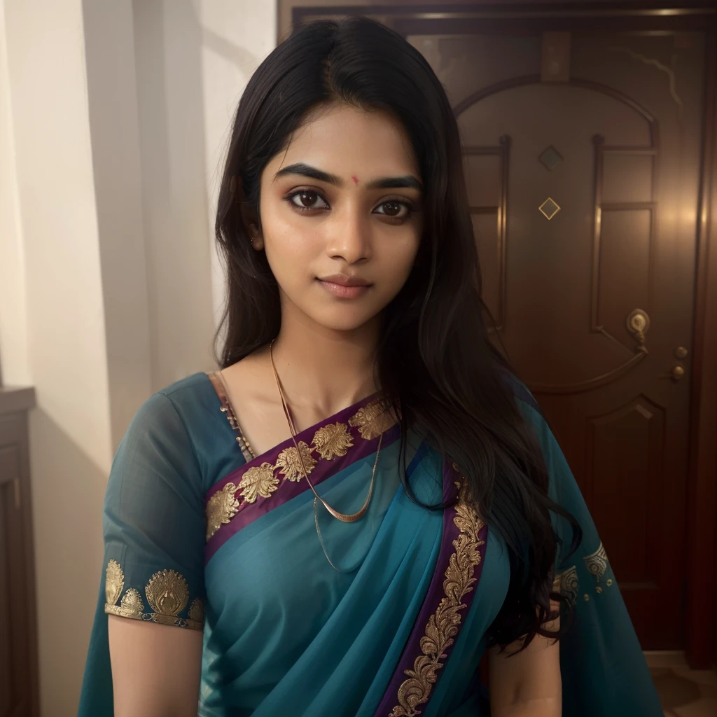 Bold,A beautiful Indian girl,Face the lens,frontage,(复杂:0.3)The eye,Medium Shot Shot,Photo by Artgerm and (greg rutkowski:0.3)shot,portrait photo , half size, in saree