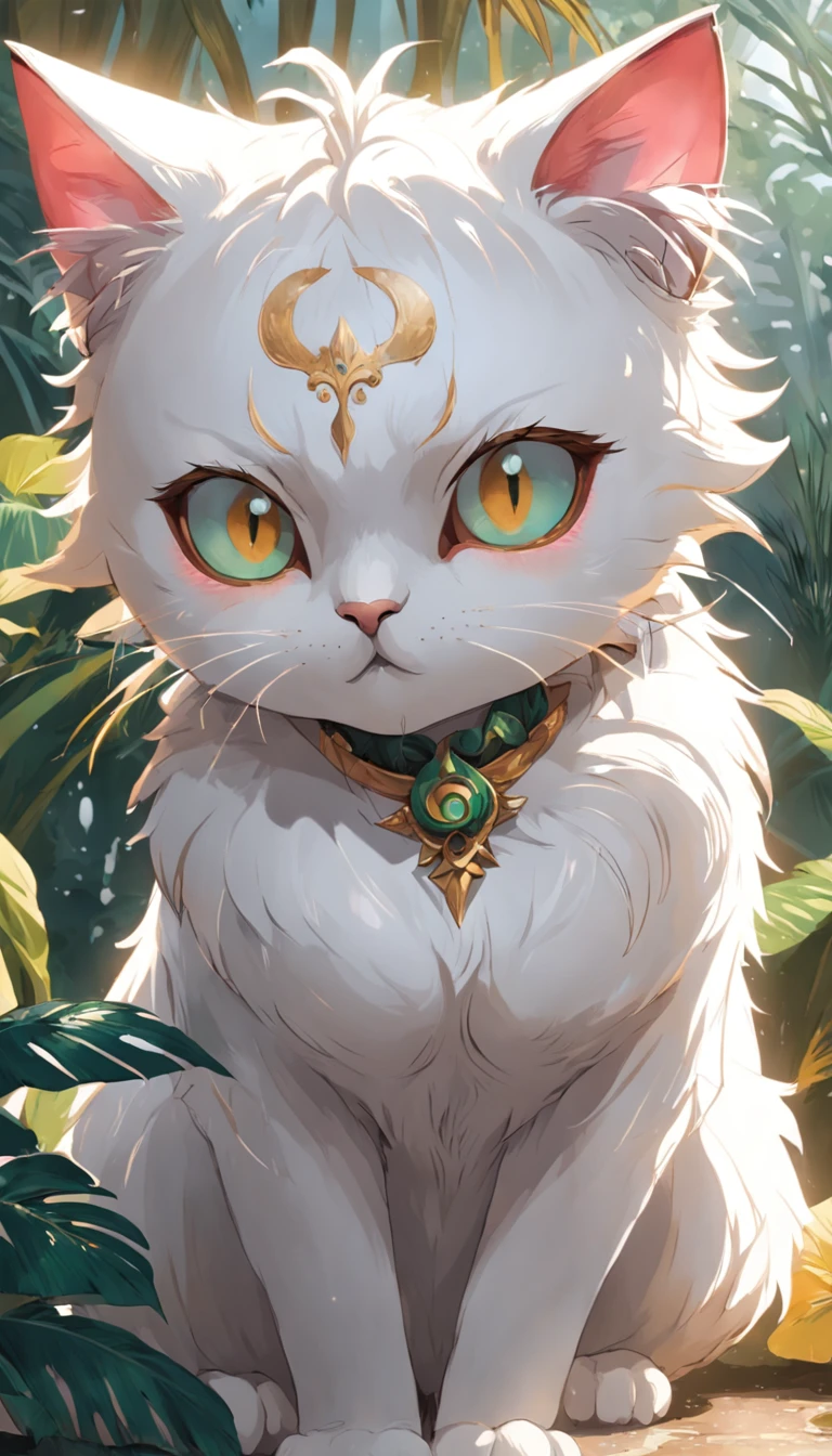 Muy lindo gatito punk tropical blanco peludo,ojos grandes,flores frescas,flores,cuerpo completosbian,Boquiabierto,Riendo,Luz profesional,Profundidad de campos,8k,Golden Magic Hour,professional photo shoot,Renderizado por Octane,Mejor calidad,tmasterpiece,Perspectiva de Vista