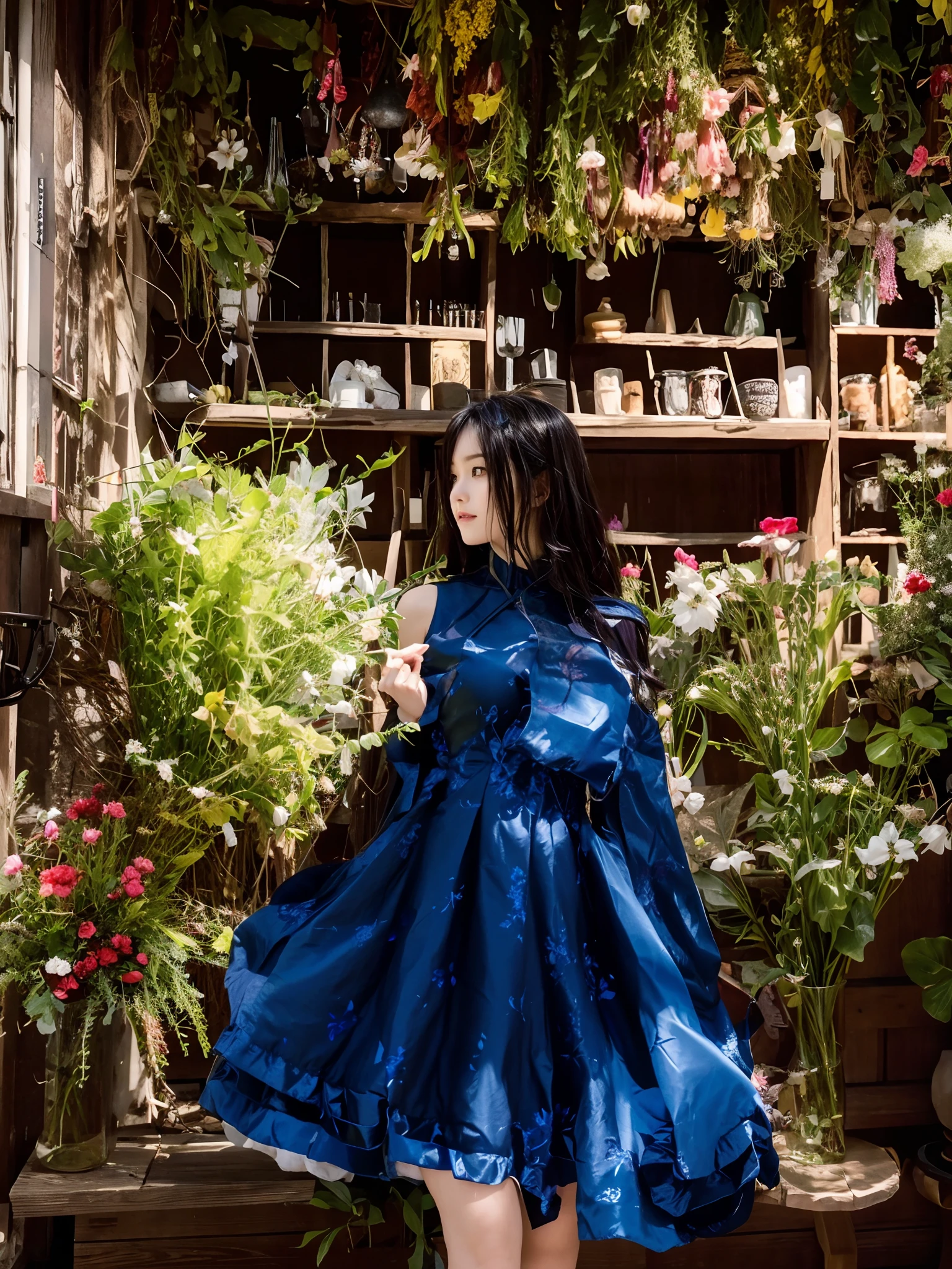 Es gibt eine Frau, die mit einem Hund in einem Blumenladen steht, Dame mit leuchtenden Blumen Kleid, Romantisches Kleid, wear a long floral dress, fairycore, Blumenkleid, Beautiful aesthetics, 🎀 🧟 🍓 🧚, blumiger Traum, Albumcover, Ulzzang, gekleidet in ein Blumenkleid, flowy dress, mit gefrorenen Blumen um sie herum, Wearing a flowy dress