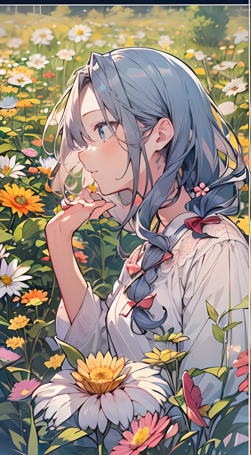 masutepiece, Best Quality,Illustration, Wallpaper, Ultra Detail, Absurd beauty、1 beautiful girl、 (Middle hair、short braided hair), Beautiful ultra-detailed eyes , Hair fluttering in the wind、Keep your head small、flower field、great outdoors、Landscape of the flower garden