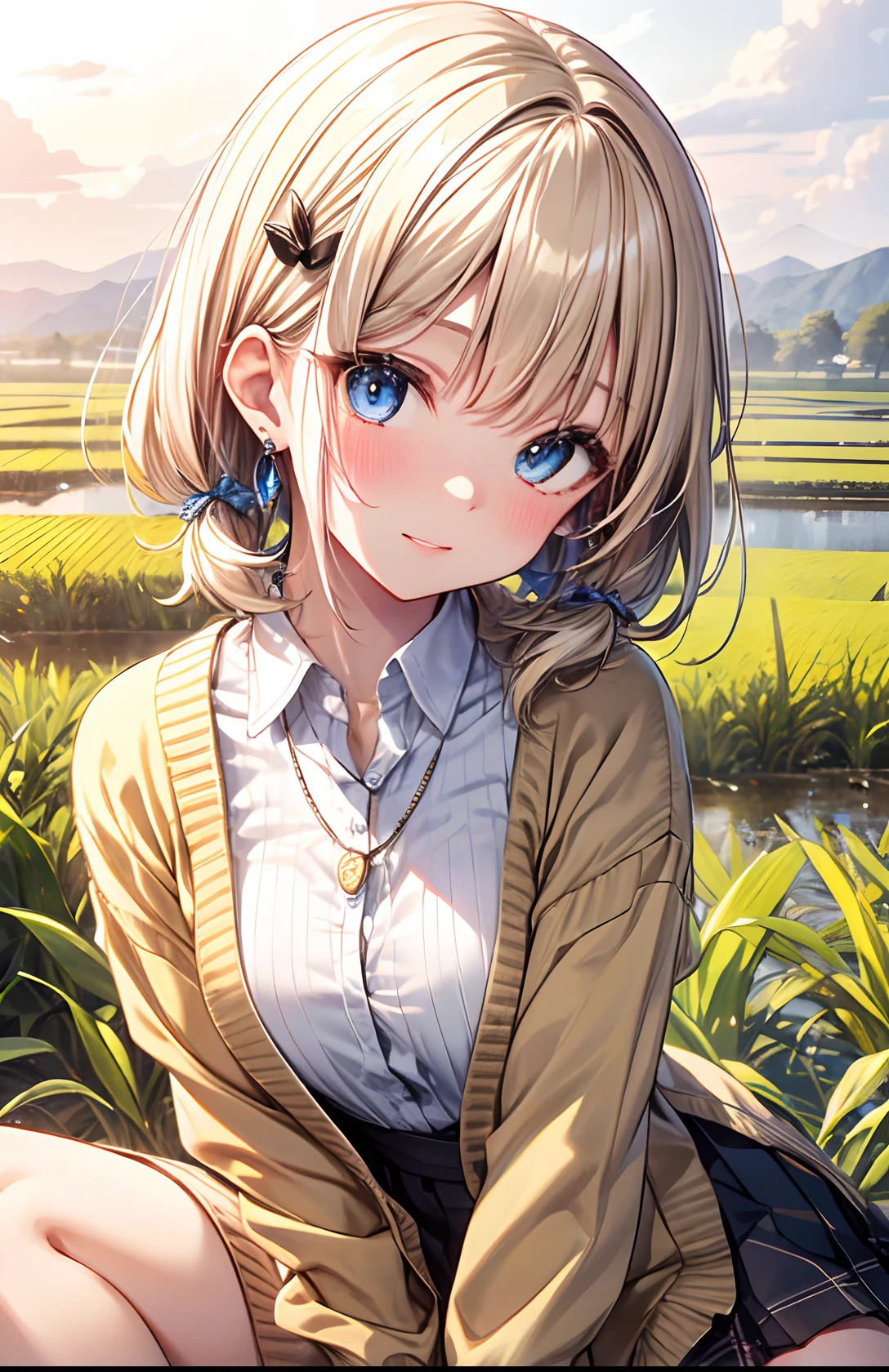 absurderes, (独奏:1.5,)ultra-detailliert,bright colour, extremely beautiful detailed anime face and eyes, view straight on, ;D, shiny_skin,25 years old, Short hair, , asymmetrical bangs, Blonde hair with short twin tails, Shiny hair, Delicate beautiful face, red blush、(Blue eyes), White skin, hair clips, earrings,Brown cardigan、White inner、Black loafers、Argyle check skirt、Blushing、Aimei、early evening、Lots of rice fields、Big sunset、Orange view、Small necklace、