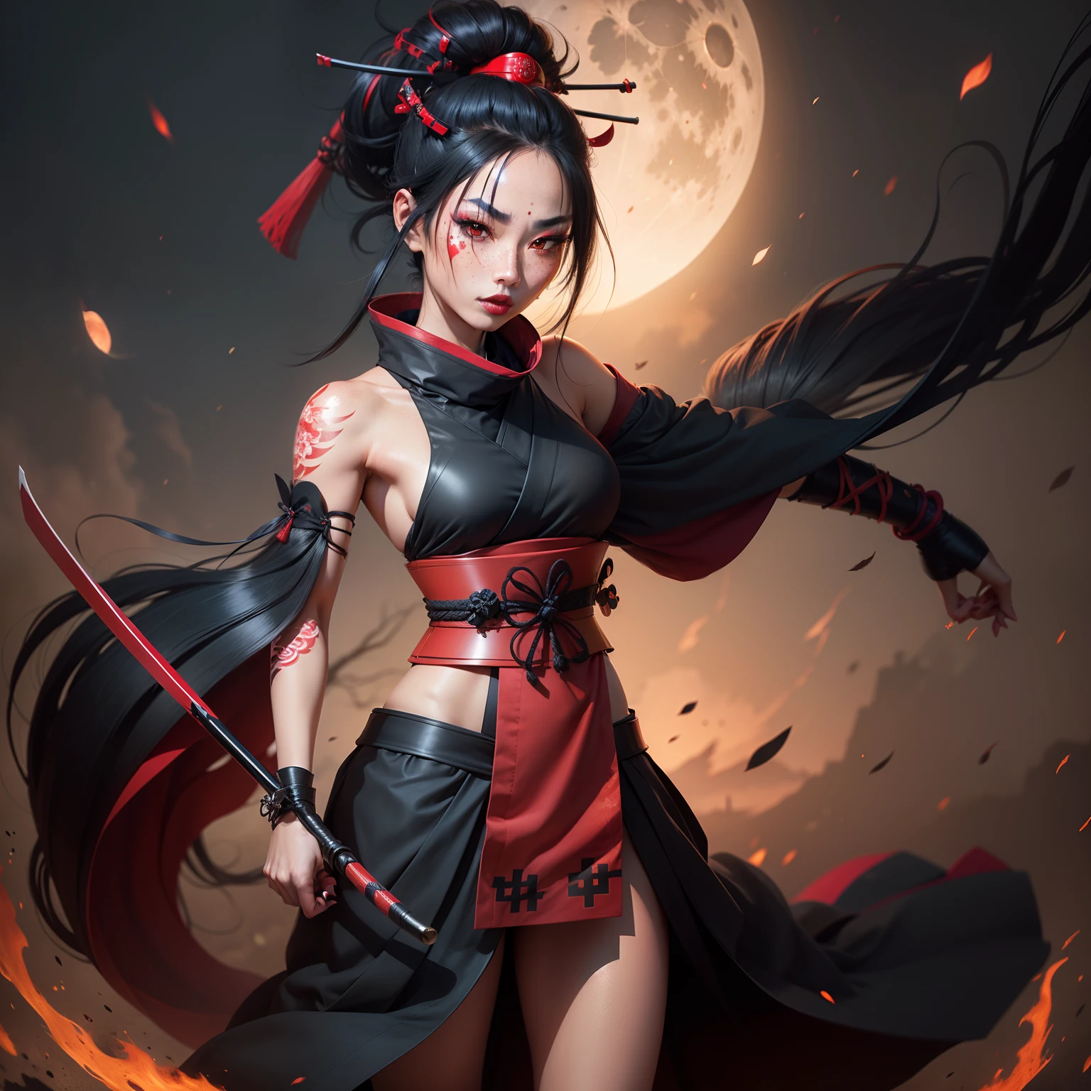Female samurai warrior, jet black hair, dark skinned tanned, red black, bright moon, freckles on the face, red lipstick, full body, no extra hair, diamond shaped face, cover top, black eyeballs, geisha warrior