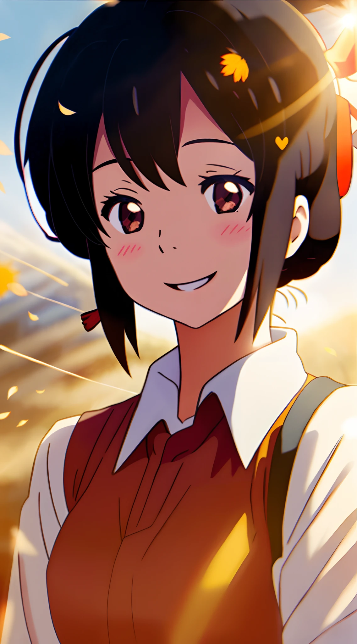 a girl, (mitsuha miyamizu), black hair, half body, uniform, upper body, smiling (Teeth visible:1.1), (wide open eyes:1.1), closed eyes, sun glare, bokeh, Hair ribbon, depth of field, blurry background, light particles, strong wind, (heart particles:1.1)