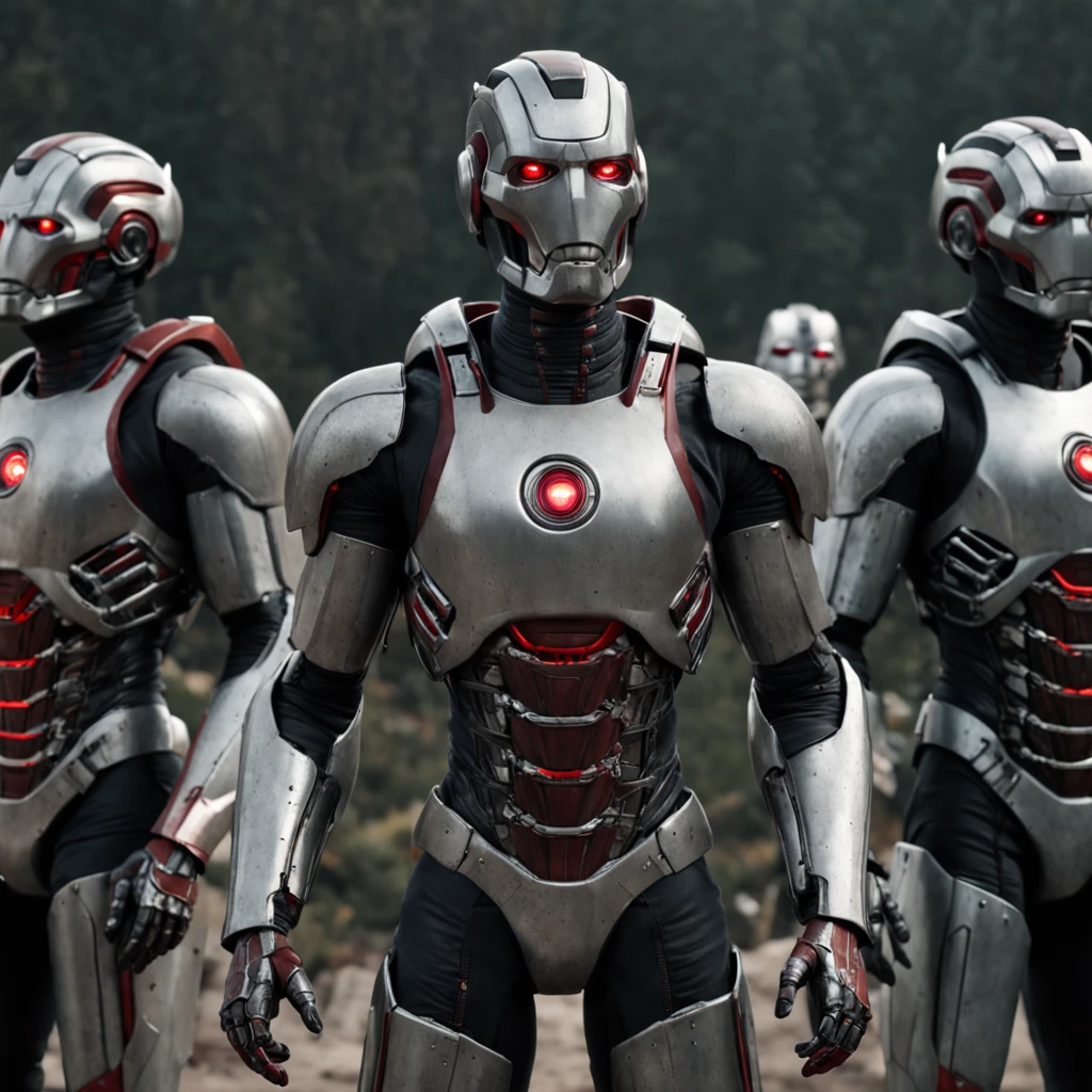 There are 3 soldiers standing in Victorian armor ,estilo Ultron,magic realism,master part, hiper HD, Super Detalhe, Detalhes altos, melhor qualidade, A high resolution, A high resolution, Premiados, anatomicamente correto, 8k,),Empire 500 A.C )Armaduras estilo ULTRON ,SPETREMAN rusted with pieces of leather, peito estilo homem de ferro, helmet with horns of demons, Wings of Dracula , armadura realista e futurista.