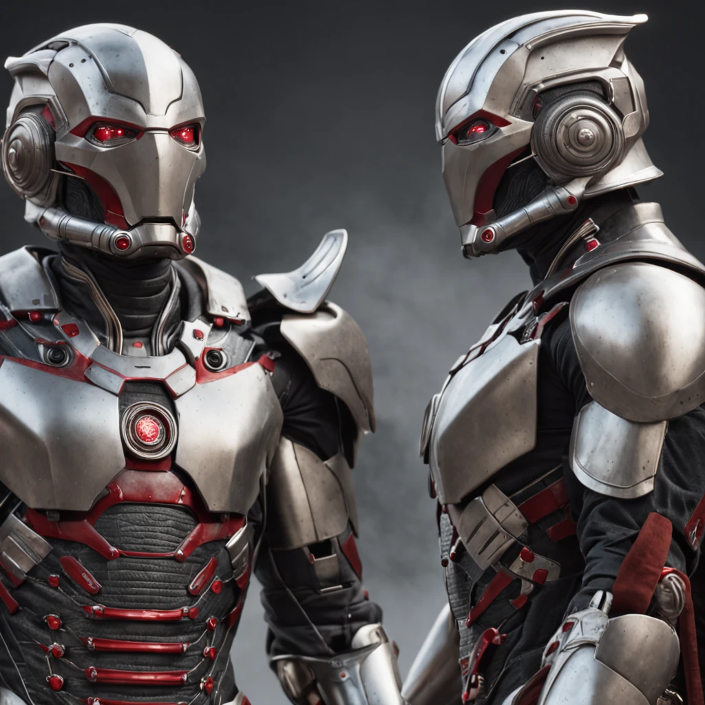 There are 3 soldiers standing in Victorian armor ,estilo Ultron,magic realism,master part, hiper HD, Super Detalhe, Detalhes altos, melhor qualidade, A high resolution, A high resolution, Premiados, anatomicamente correto, 8k,),Empire 500 A.C )Armaduras estilo ULTRON ,SPETREMAN rusted with pieces of leather, peito estilo homem de ferro, helmet with horns of demons, Wings of Dracula , armadura realista e futurista.