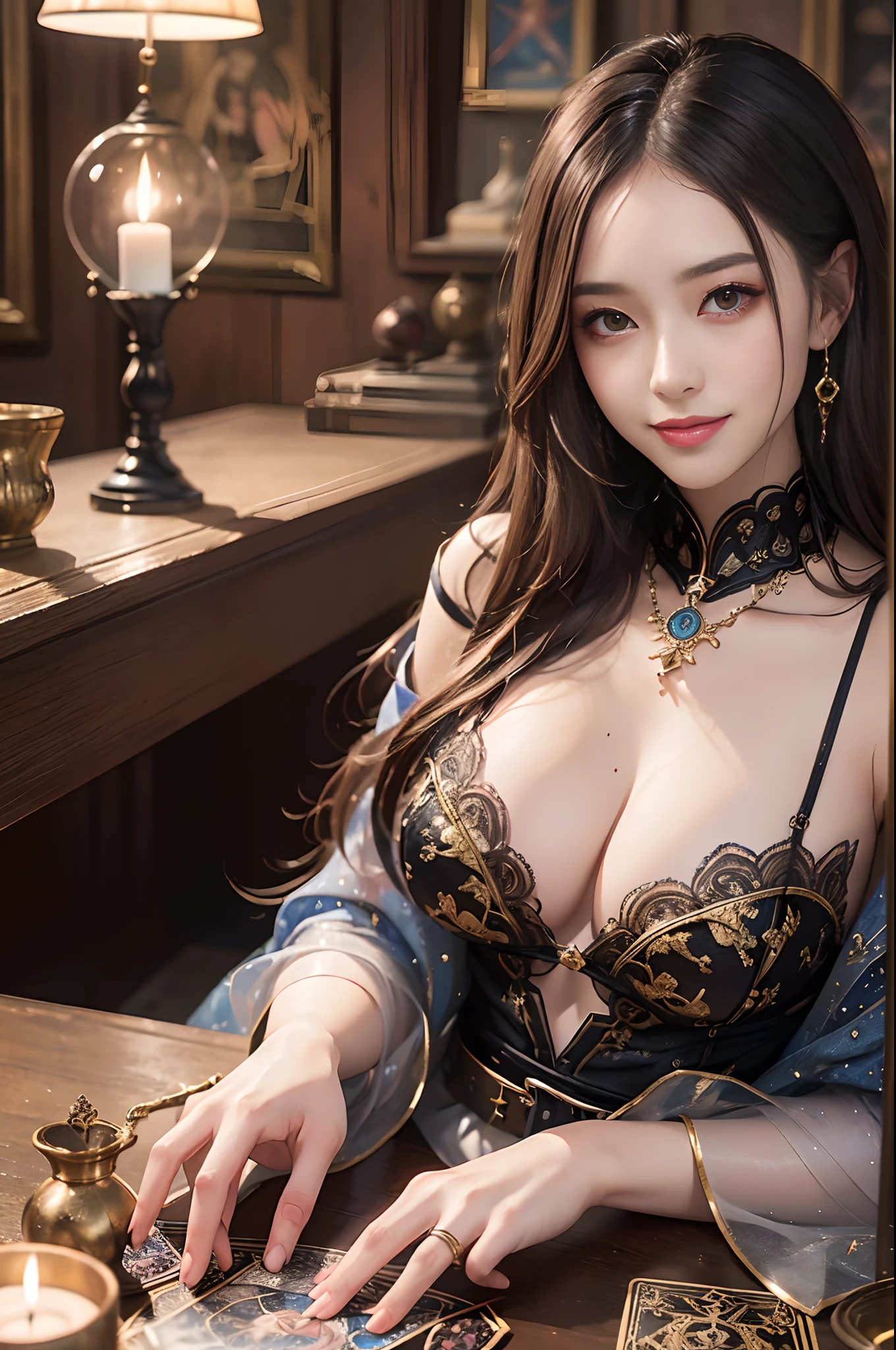 (masutepiece, High resolution, Photorealistic: 1.4),1beautiful woman ,(Mysterious and magical attractive tarot reader woman, Smiling, In a beautiful room full of tarot-themed objects:1.3). She is looking at the tarot cards on the table. (Sony Alpha a7R IV Camera、Professionally accustomed to capturing this enchanting moment: 1.2), (Combination with the versatile Sony FE 24-70mm f/2.8 GM Lenses, Make sure all details are beautifully captured: 1.2) Magical  (Breathtaking photos of enchanting beauty showing her stunning beauty: 1.2), Intricately detailed bio incandescent light background,full bodyesbian