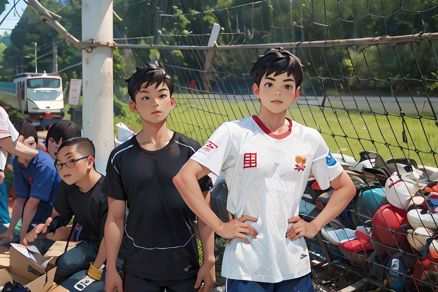 raw, 8k, masterpiece, complex background, best quality, best quality, super detailed, illustration, (1 little boy: 1.2), train, black eyes, black hair, white short sleeves, blue shorts, white socks, round face, Chinese, full body