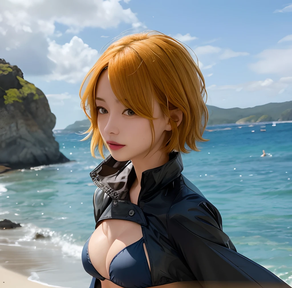 shores,adult  woman,Beautie,Make your face smaller,Makes breasts smaller,Keep your head small,Dark blue bikini,Black coat,short-hair,Yellow hair