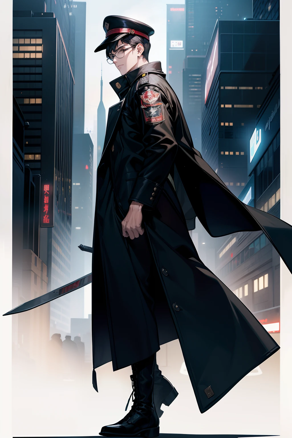 masterpiece、top-quality、tall male, 25 years old、black hair shorthair、Black Cap,cyberpunked,Black-framed glasses、World of Blade Runner,Military-style large half court,Engineer Boots,Back roads with cafes and restaurants,Back lighting,Take a white dog,Close the camera,low angles