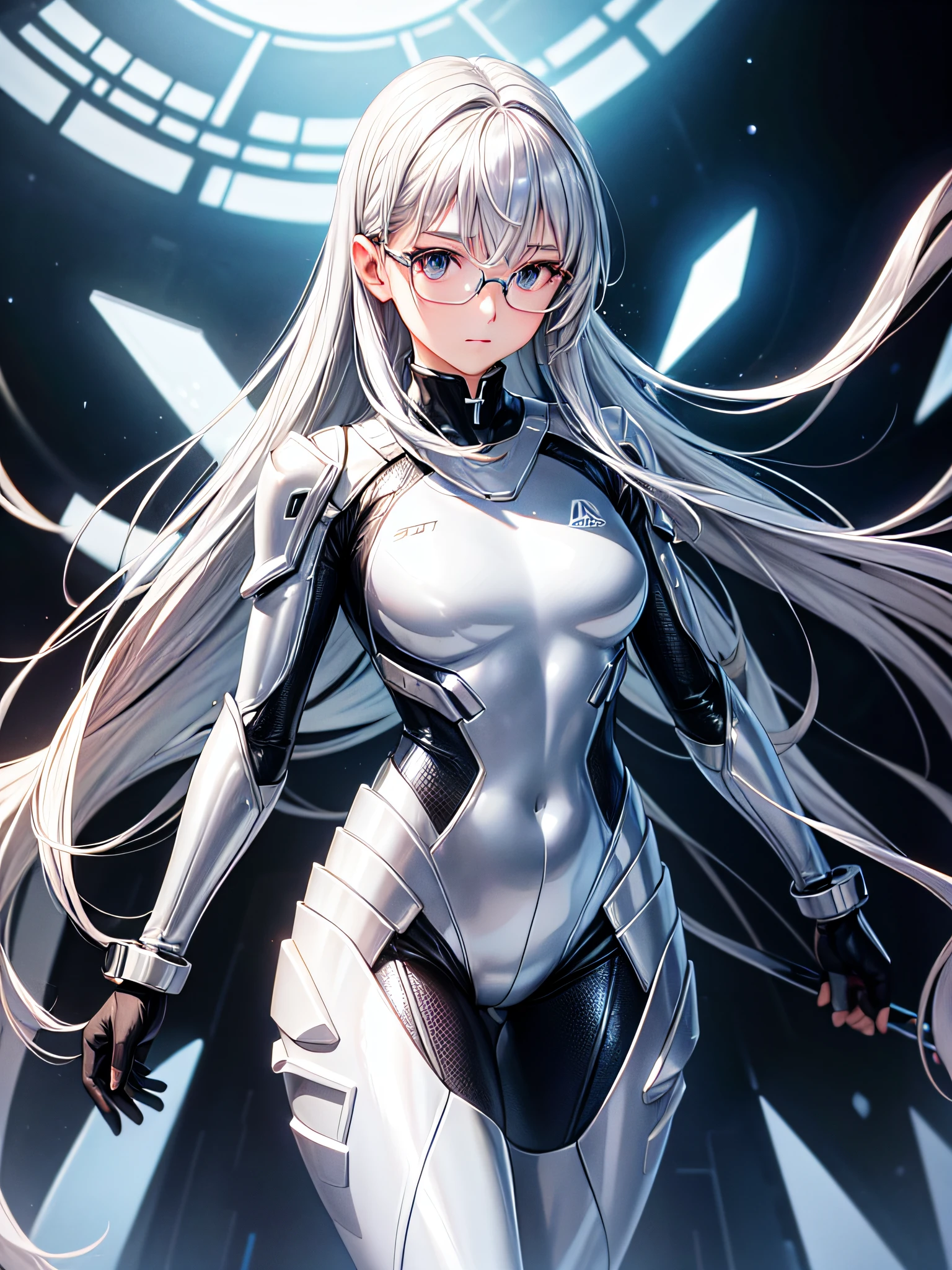 5 8K UHD、Silver-haired and small-nosed beauty in shiny silver full-body rider suit with glasses standing with legs open facing the front、Wearing a silver metallic rider suit、Upper Body Up