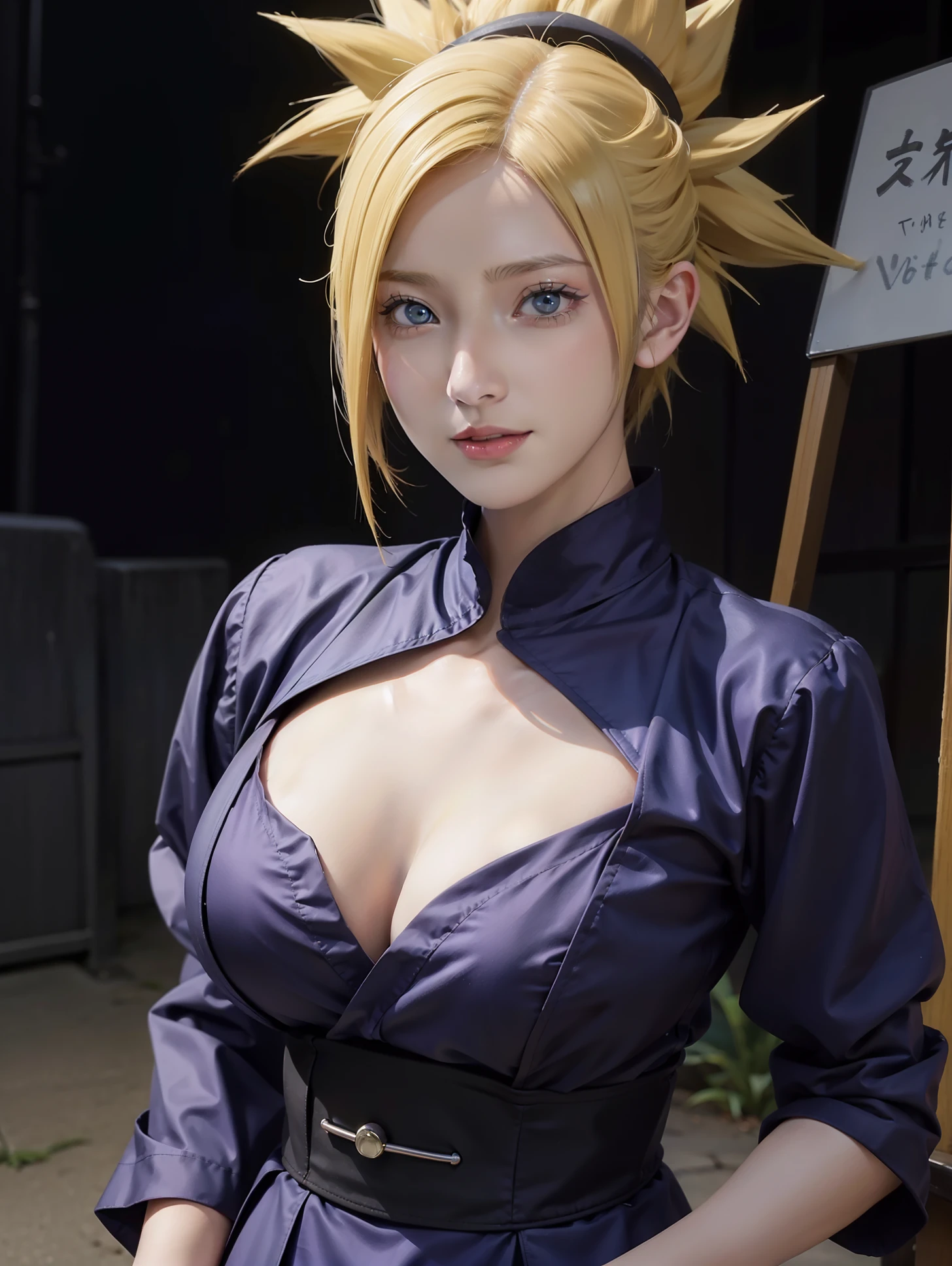 1girl, temari in anime naruto, short hair, yellow hair, blue eyes, smile, beautiful, black and white clothes, very big breast, realistic clothes, purple clothes, outdoor background, ultra detail, realistic