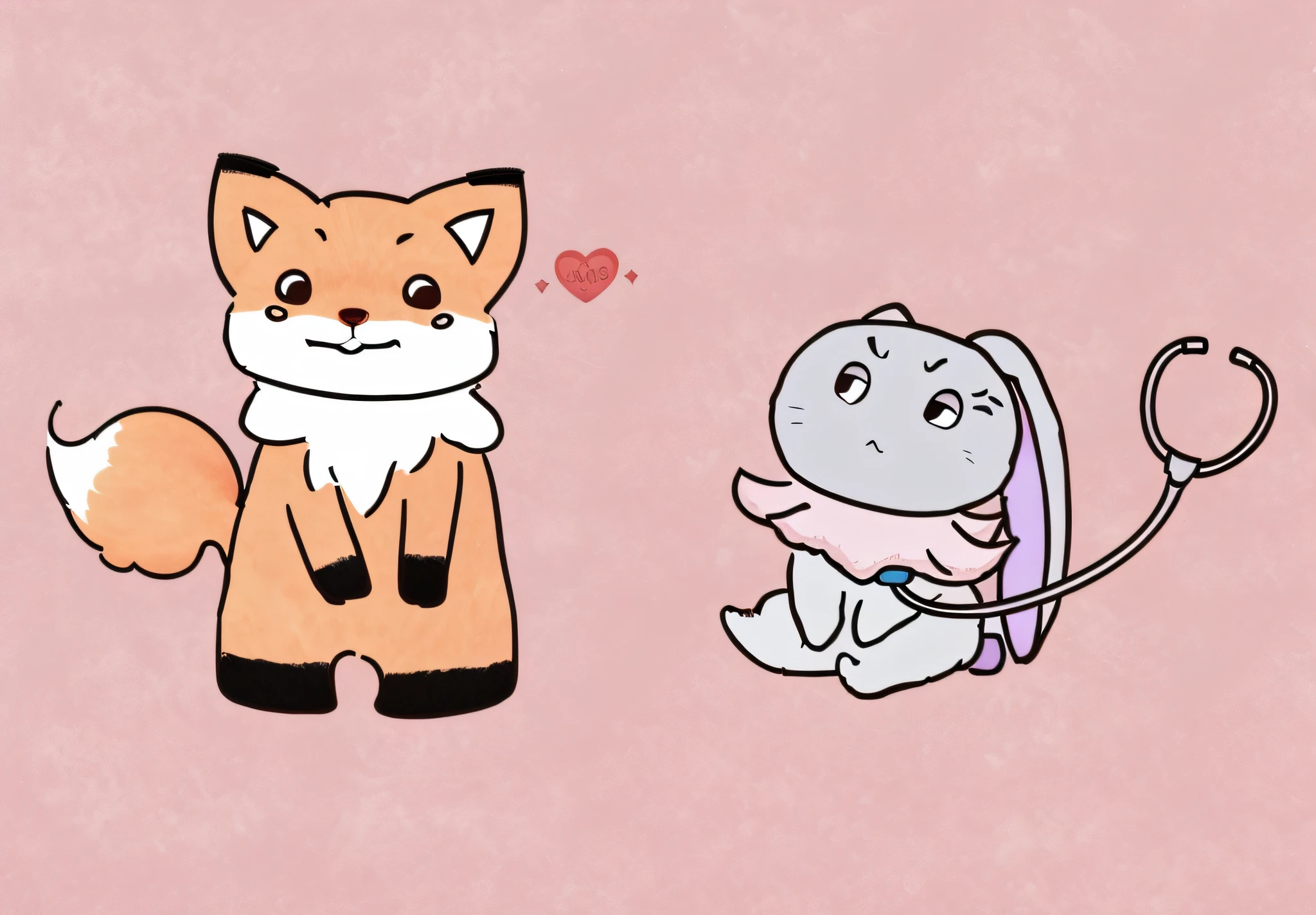 Cartoon of cat and dog with stethoscope, adorable creature, Cute characters, cute artwork, fantasy fox love, Cute animals, fox from league of legends chibi, puce and vermillion, Two characters, Two different characters, furry tail, fursona art, foxes and deer, Foxes, adorable digital art, furry creatures
