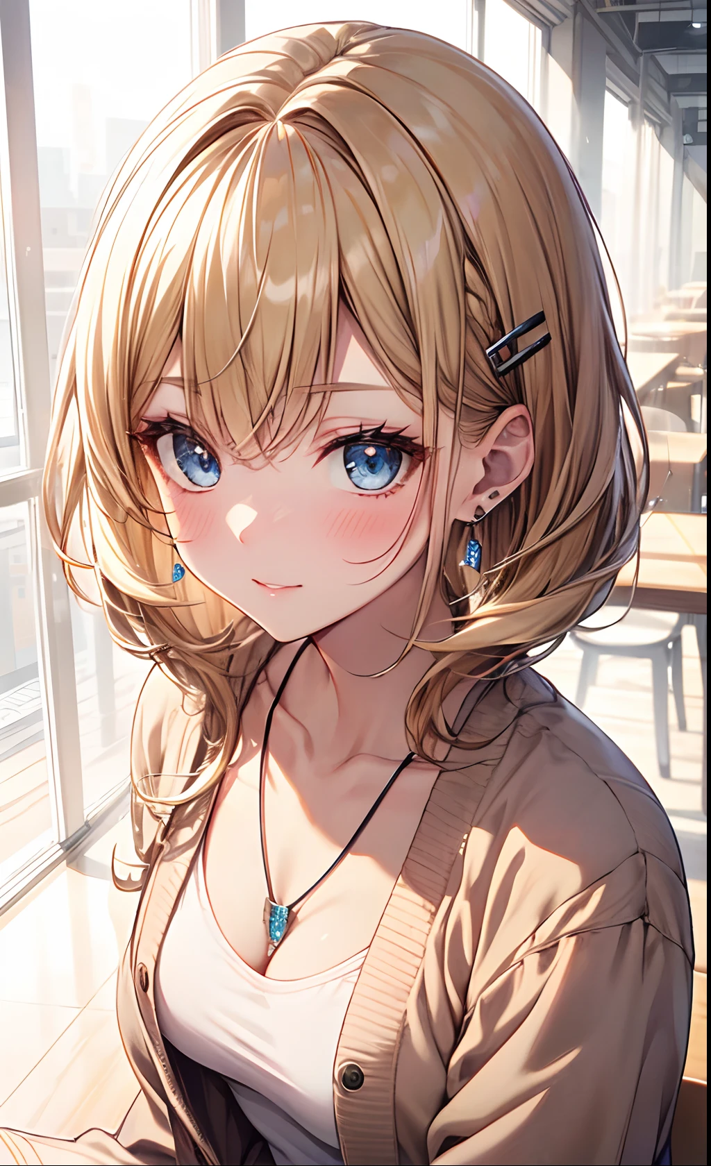 absurderes, ultra-detailliert,bright colour, extremely beautiful detailed anime face and eyes, view straight on, ;D, shiny_skin,25 years old, Short hair, , asymmetrical bangs, Blonde hair with short twin tails, Shiny hair, Delicate beautiful face, red blush、Blue eyes, White skin, hair clips, earrings, a necklace, Cardigan, Clothes, Brown clothes, Beautiful cloud, Dusk sky,