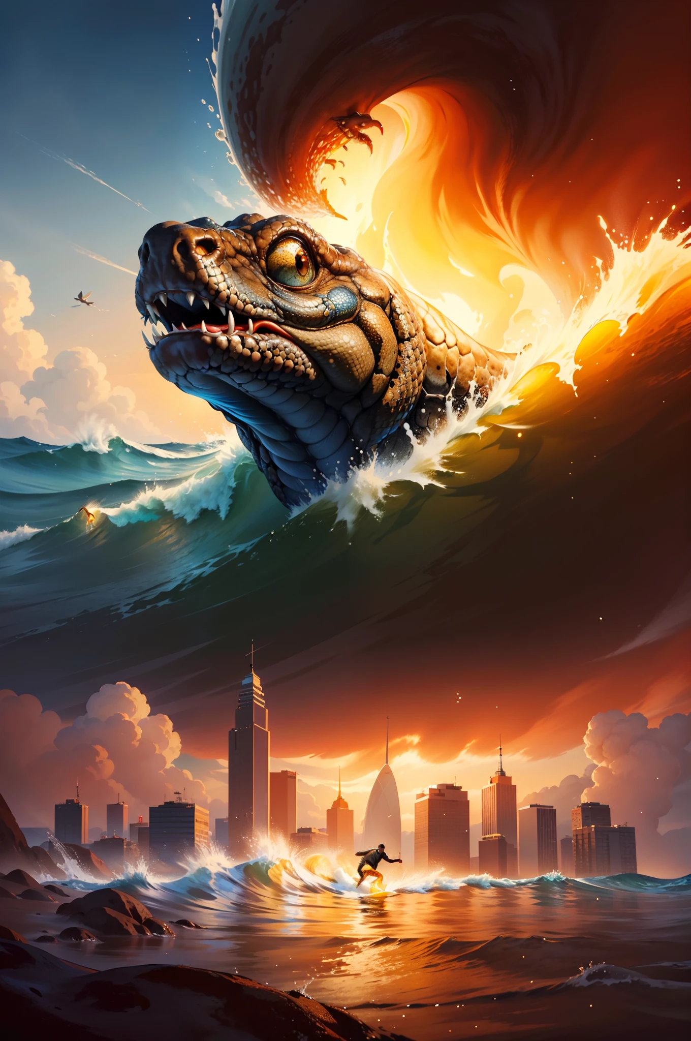 There's a big snake: 1.0 who is surfing a wave in the ocean, Directed by: Adam Marczyński, 3 d epic illustrations, Olhos de fogo: 2.0, Directed by: Justino Geraldo, stunning digital illustration, epic digital art illustration, Directed by: Derek Zabrocki, Directed by: Matt Stewart, Directed by: Alexandre Kucharsky, Realismo | Bipe, fotografia realista paleoart, epic full color illustration