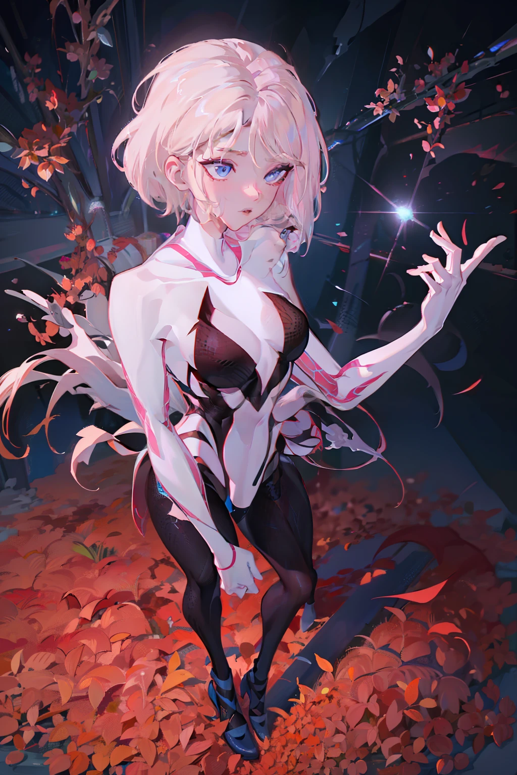 llustration, UHD, retina, masterpiece, accurate, anatomically correct, super detail, high details, high quality, award winning, best quality, highres, good anatomy, 1080P, HD, 4K, 8k, 16k, 1girl, dynamic pose, androgynous, full body detailed eyes, detailed clothes, detailed hair, rendering, Gwen stacy, Into the spider verse, Across the spider verse, nice legs, swinging on web,