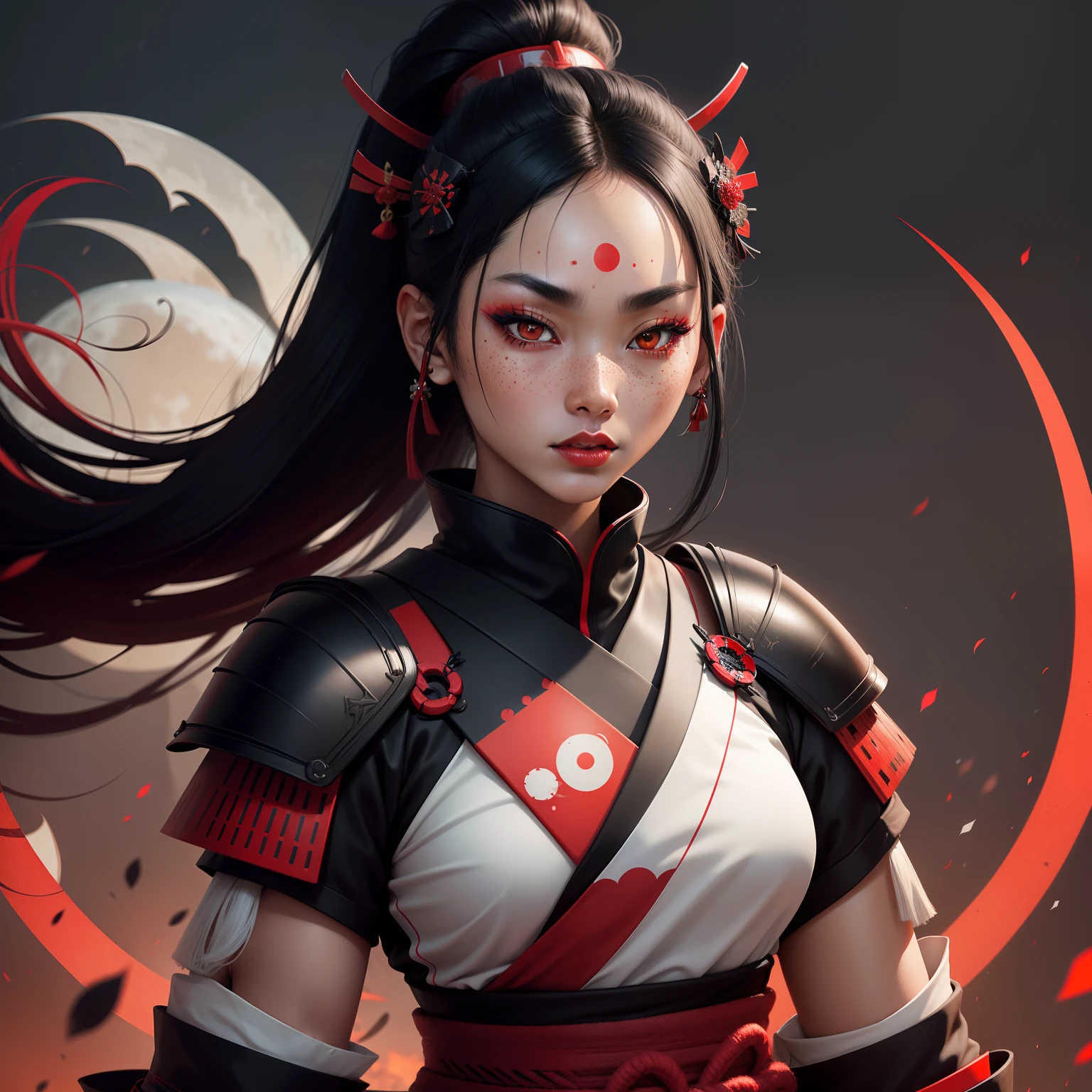 Female samurai warrior, jet black hair, dark skinned tanned, red black, bright moon, freckles on the face, red lipstick, full body, no extra hair, diamond shaped face, cover top, black eyeballs, geisha warrior