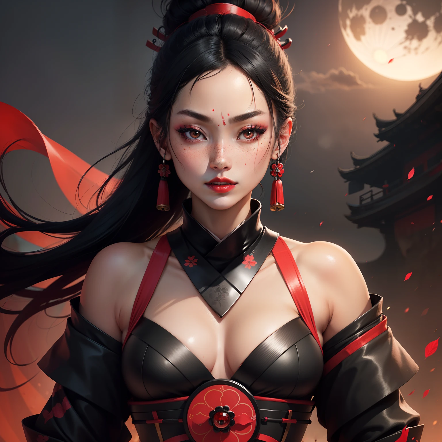 Female samurai warrior, jet black hair, dark skinned tanned, red black, bright moon, freckles on the face, red lipstick, full body, no extra hair, diamond shaped face, cover top, black eyeballs, geisha warrior