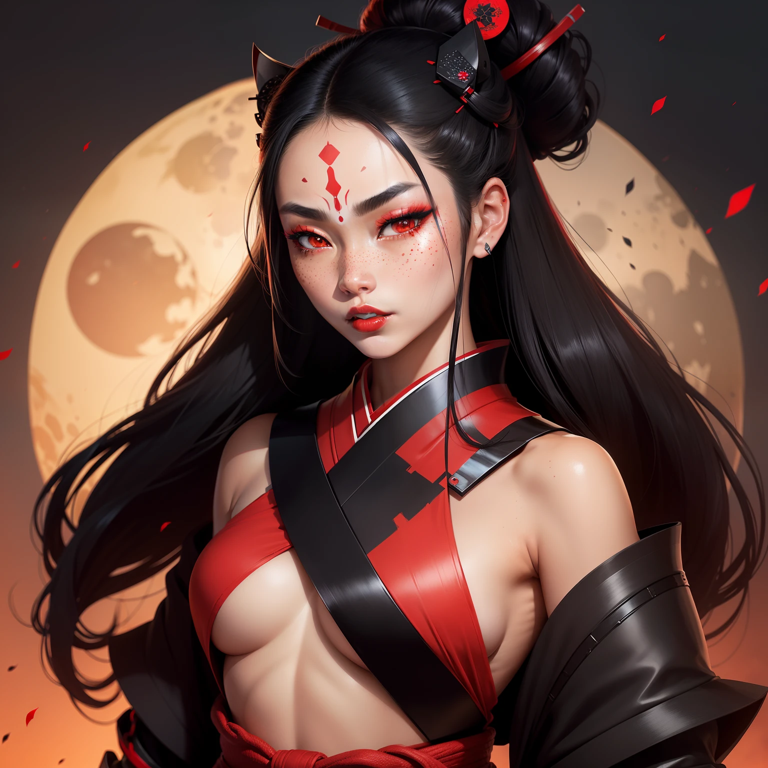 Female samurai warrior, jet black hair, dark skinned tanned, red black, bright moon, freckles on the face, red lipstick, full body, no extra hair, diamond shaped face, cover top, black eyeballs, geisha warrior