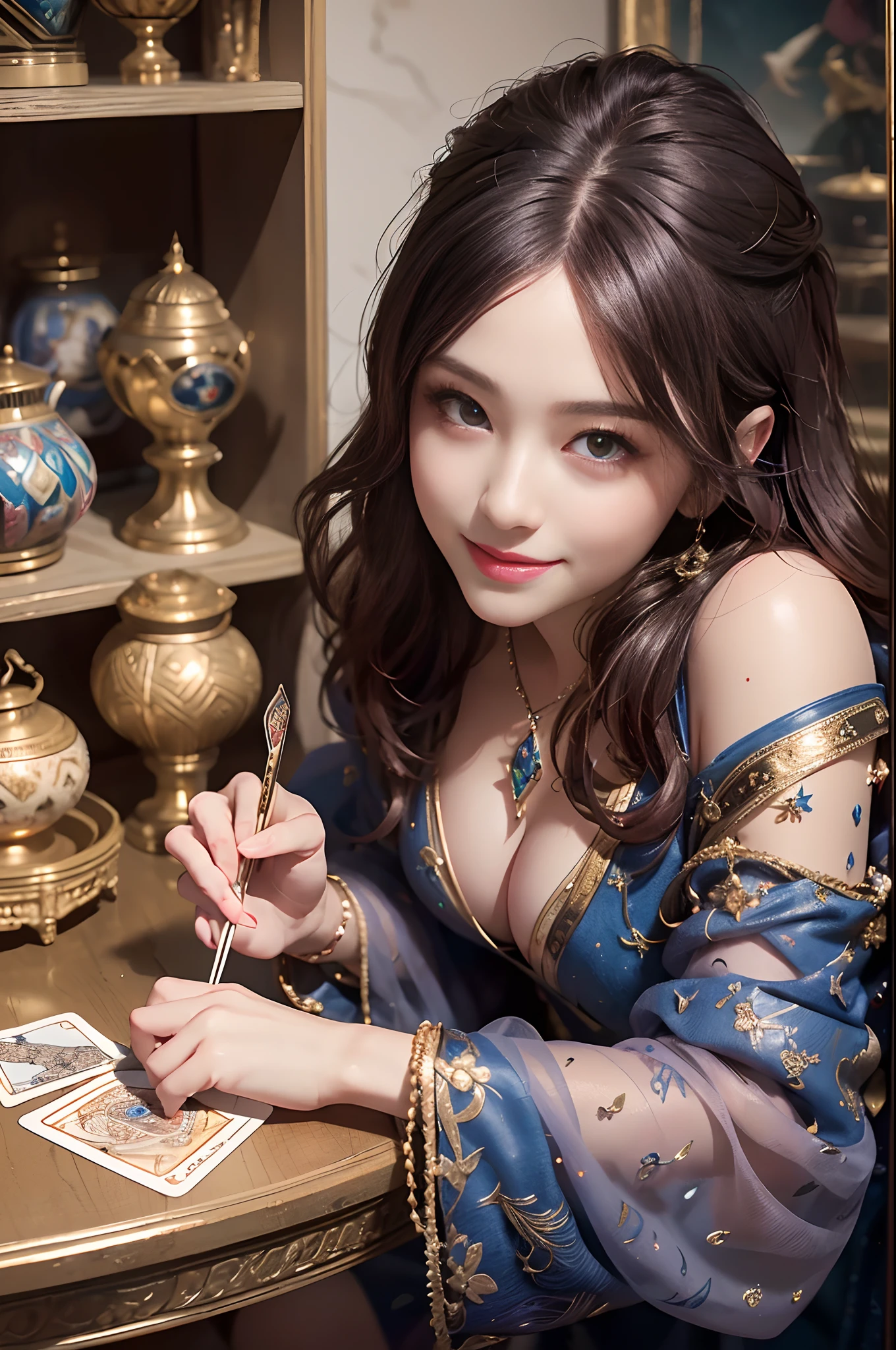 (masutepiece, High resolution, Photorealistic: 1.4),1beautiful woman ,(Mysterious and magical attractive tarot reader woman, Smiling, In a beautiful room full of tarot-themed objects:1.3). She is looking at the tarot cards on the table. (Sony Alpha a7R IV Camera、Professionally accustomed to capturing this enchanting moment: 1.2), (Combination with the versatile Sony FE 24-70mm f/2.8 GM Lenses, Make sure all details are beautifully captured: 1.2) Magical  (Breathtaking photos of enchanting beauty showing her stunning beauty: 1.2), Intricately detailed bio incandescent light background