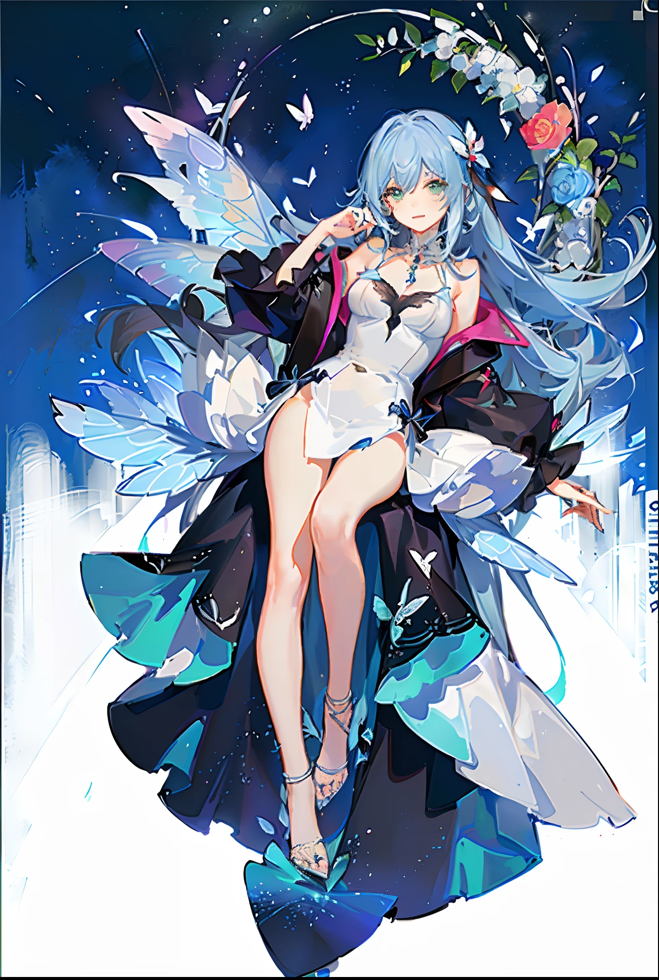 Anime , ((((White and Blue winter coat with fur)))), blue hand and thigh accessories, (((long light (glowing) aqua hair))), ((hair accessories)), ((black eyes)), (((blue decorations around the entire body))), (smiling), pale skin,  neck, shoulders, medium chest, arms, hands, medium waist, legs, medium thigh, cute, blue stripes on dress, (wearing white gloves), ((((meditating next to a beautiful wooden house in a forest chair)))), serious, cinematic light, high resolution, highest quality, ultra detailed, detailed face, (detailed eyes), best quality, hyper detailed, masterpiece, (detailed face), clean face, detailed eyes, ((((white and aqua long robes covering all of the legs)))), (((wearing see through tight pants))), ((barefoot)), (((((ice around the area and her body including an ice aura))))), ((sleeves covered in see through tight clothes)), (((floating))), ((ice in her hand)), (((no blush or red on face))), ((((leg and feet rings and decorations))))