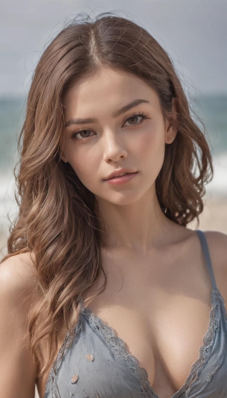 qualidade superior、obra prima、big breast, retrato de corpo inteiro、(Fotorrealista:1.4)、FOTO CRU、Uma mulher nua、Textura facial detalhada、Cool summer beach without Bikini、--ar 16:9