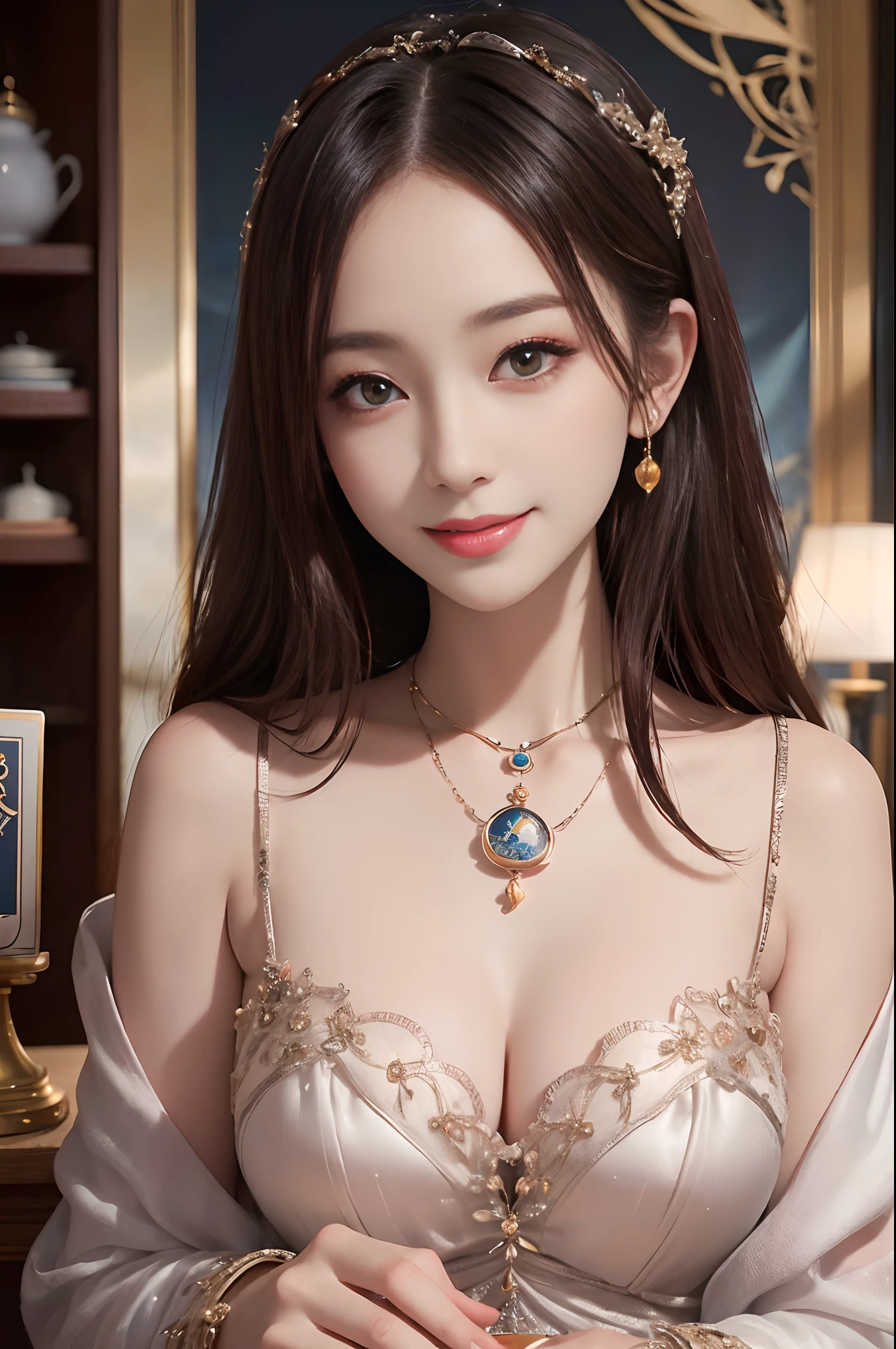 (masutepiece, High resolution, Photorealistic: 1.4),1beautiful woman ,(Mysterious and magical attractive tarot reader woman, Smiling, In a beautiful room full of tarot-themed objects:1.3). She is looking at the tarot cards on the table. (Sony Alpha a7R IV Camera、Professionally accustomed to capturing this enchanting moment: 1.2), (Combination with the versatile Sony FE 24-70mm f/2.8 GM Lenses, Make sure all details are beautifully captured: 1.2) Magical (Breathtaking photos of enchanting beauty showing her stunning beauty: 1.2), Intricately detailed bio incandescent light background