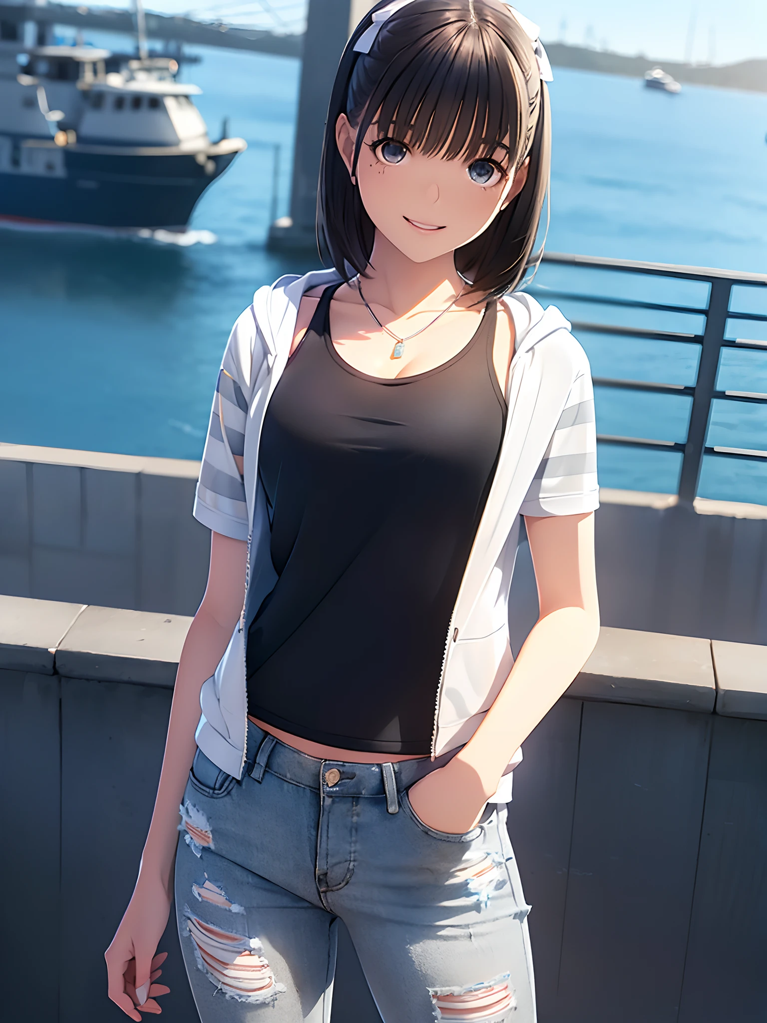 hight resolution,in 8K,Best Quality,detaileds,semi - realistic anime,Anime 3D Style,Smooth Anime CG,1 girl in,20 year old woman in Japan,slim,modeled,shiny chestnut hair,Medium Hair,Detailed face,Beautiful and detailed eyes,Glowing skin,randome pose,(((Black tank top))),((White and light gray striped short sleeve hoodie)),((Open jacket)),(((blue skinny jeans)))a necklace,Smile with open mouth,Sea view,Fishermanstown,Background blur