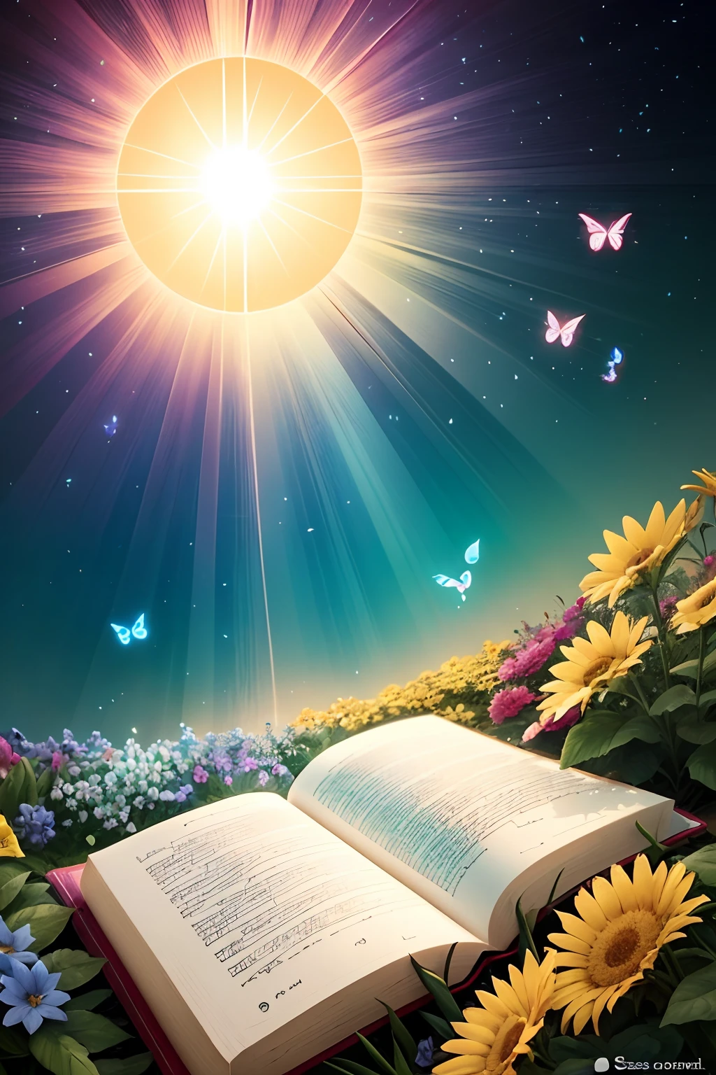 Imagine um campo de flores coloridas e vibrantes, com a luz do sol brilhando suavemente sobre elas. No centro da imagem, you can view an open Bible, with illuminated pages and highlighted verses. The colors of the flowers represent the diversity and beauty of God's creation, while the sunlight symbolizes your presence and your radiant love. Around the Bible, You can add small flying butterflies, representing spiritual transformation and renewal. Essa imagem, as well as being visually impactful, traz uma mensagem de alegria, hope and renewal through the Word of God.