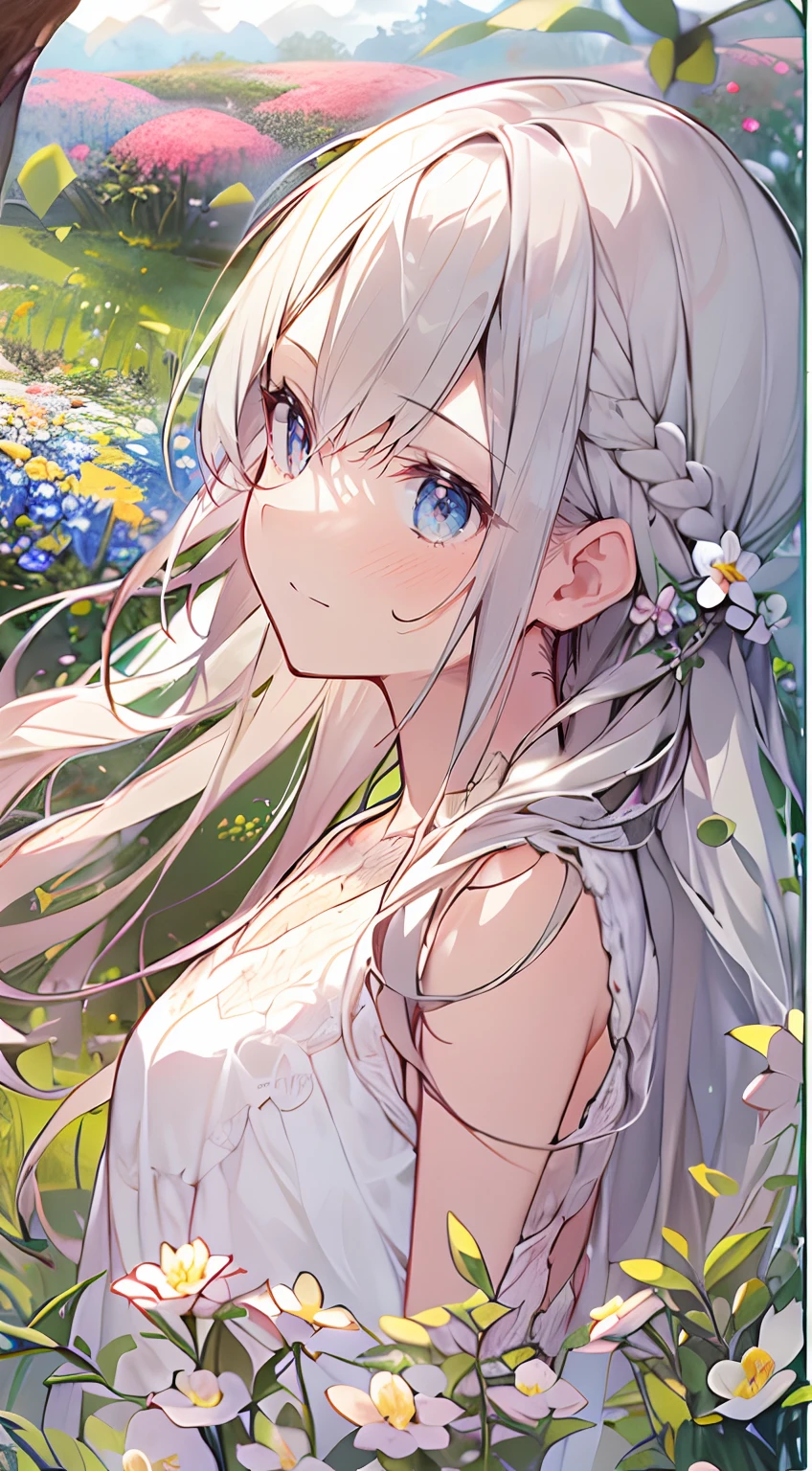 masutepiece, Best Quality,Illustration, Wallpaper, Ultra Detail, Absurd beauty、1 beautiful girl、 (Semi-long hair、short braided hair), Beautiful ultra-detailed eyes , Hair fluttering in the wind、Keep your head small、flower  field、great outdoors、Landscape of the flower garden