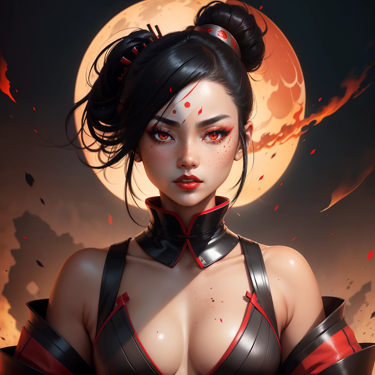 Female samurai warrior, jet black hair, dark skinned tanned, red black, bright moon, freckles on the face, red lipstick, full body, no extra hair, diamond shaped face, cover top, black eyeballs, geisha warrior