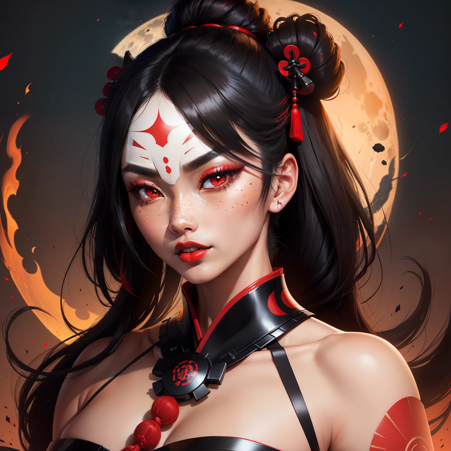 a close up of a red faced woman with a boat, geisha tattoo, digital airbrush art, inspired by Torii Kiyonobu I, cyberpunk geisha, detailed face of an asian girl, airbrush art, inspired by Torii Kiyomitsu, inspired by Torii Kiyomoto, inspired by Torii Kiyomasu