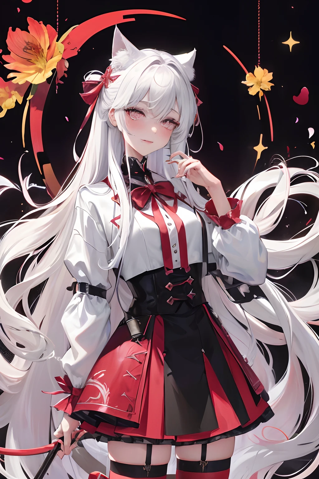 with long coiled hair, flowers in head, Cat ears, Bright pupils, Blush, (Monet:1), anaglyph, Fuji colors, outside border, hyper HD, Masterpiece, ccurate, Textured skin, 4K, Best quality, A high resolution, High quality, hyper HD, Masterpiece, Textured skin, A high resolution, Best quality, High quality, 4K,Rich colors,Raised sexy,semi transparent,sweat leggs,silvery white hair,Red pupils,Bow knot,(Wolf tail:1),Dynamic,amaryllis,Yarn,Charming,frontage,Ribbons,Head up,unholy,Bad smile emoji,seduce,shadowy,frenzied