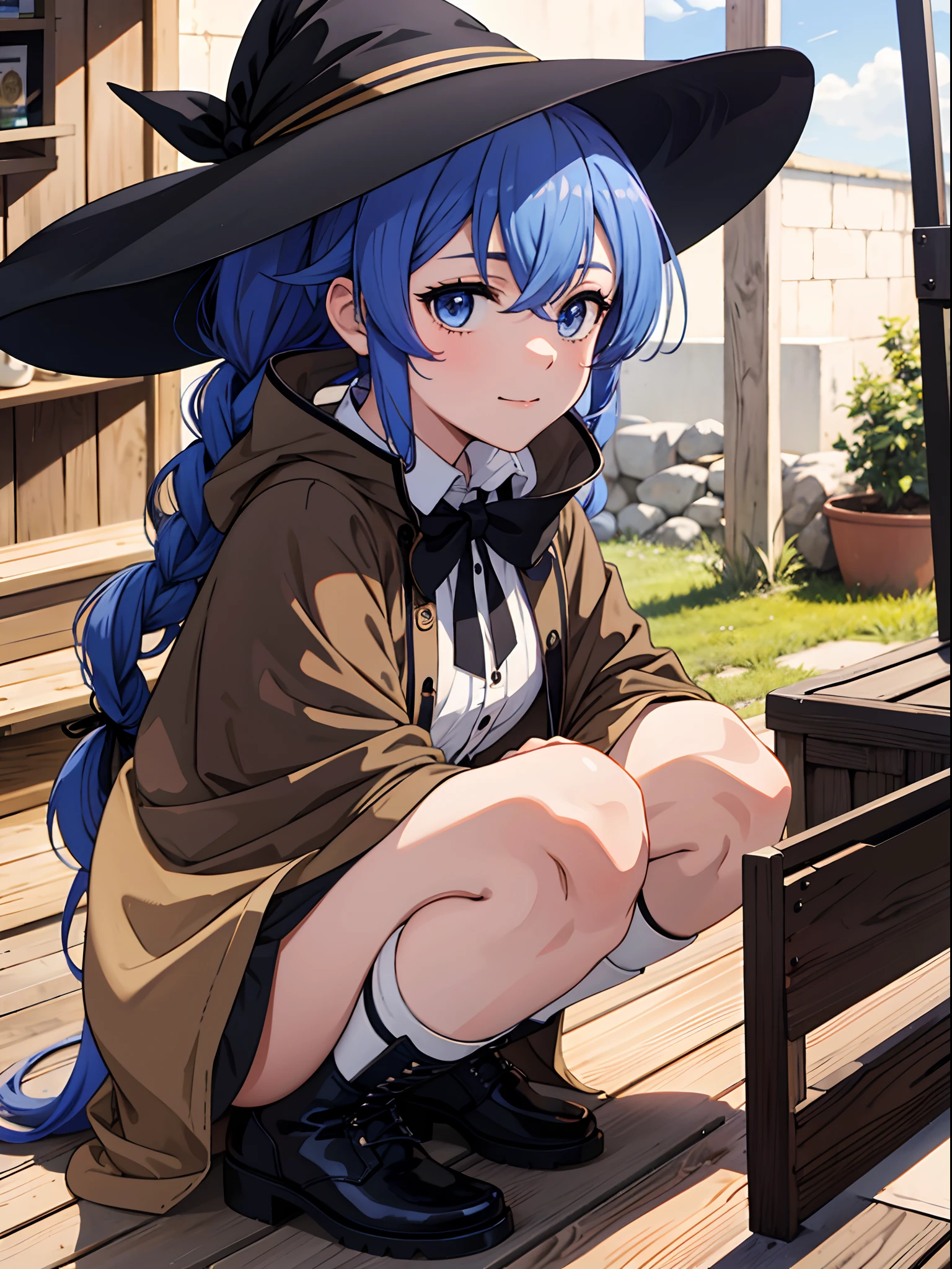 1girl in, Roxy Migurdia laying bed Witch Hat, Blue eyes, Blue hair, twin braids, Twin-tailed, (Brown coat:1.1), Cape, robe, braided ponytails, knee boots, transparent bra, panty , nude, nsfw, Witch, Black socks, Hair Ribbon, bow ribbon, Looking at Viewer,  Smile, Closed mouth, plein air, Sun,, (masterpiece:1.2), hight resolution, Best Quality, 8K, Very Very Clear(((,crouching down　Panchira)))++　View from below